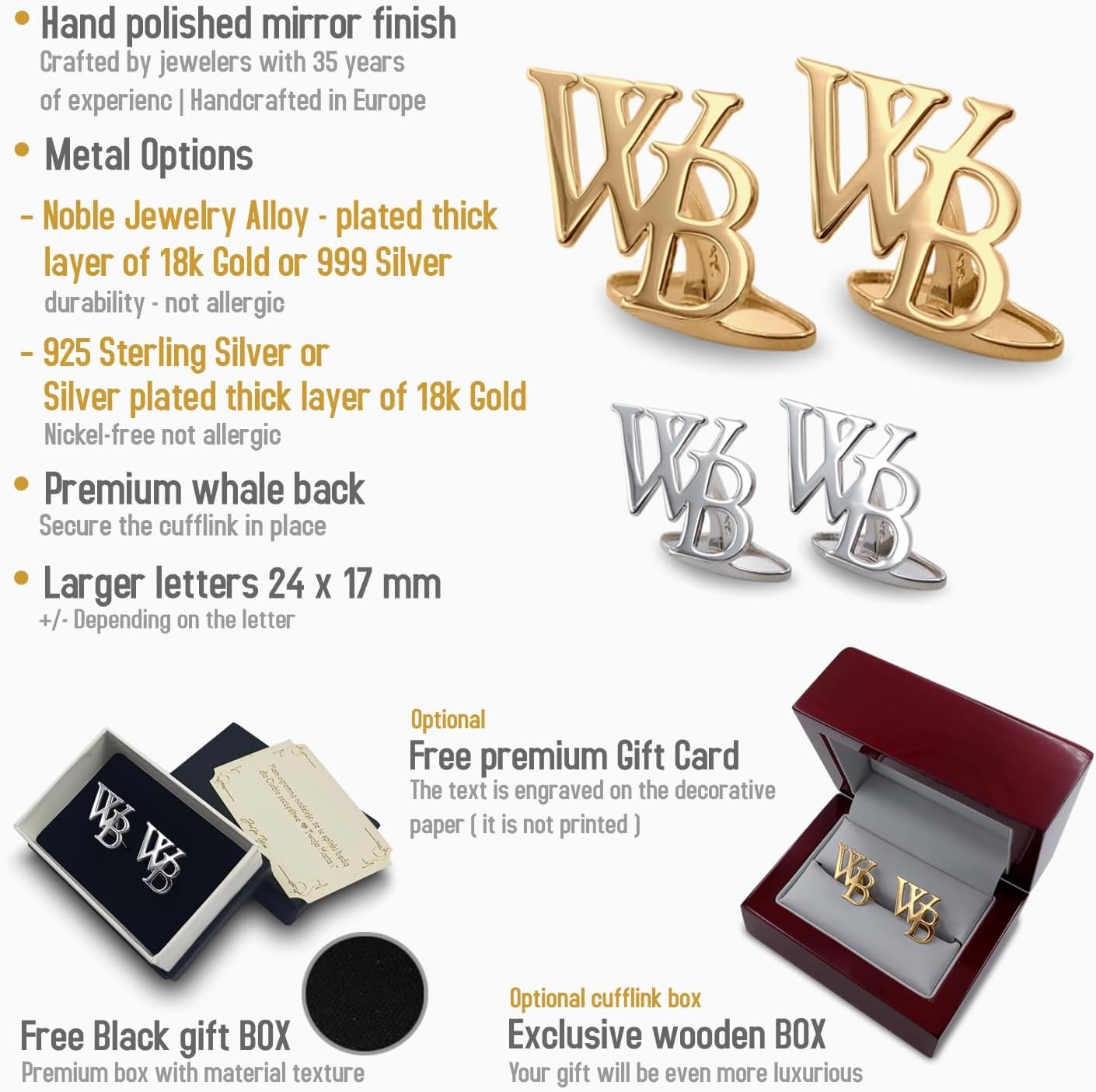 Gold Initial Cufflinks for Men - Custom Engraved Cuff links - A-Z Alphabet Letter Cufflinks - Gift for Men Dad Birthday Wedding Groom Groomsmen Anniversary