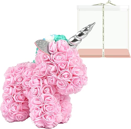 Flor de rosa Uicorn hecha a mano, bestia mítica, simulación, oso de rosas para Navidad, San Valentín, cumpleaños (rosa claro)