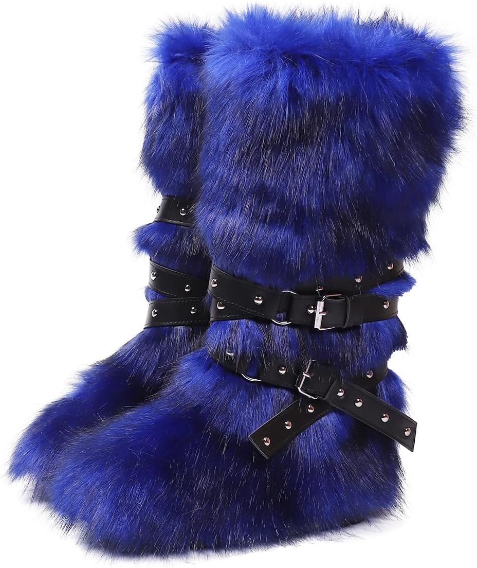 Rave Fur Boots Y2K for Women Spicy Girls, Fluffy Mid Calf Boots, Faux Mongolian Fur Shoes, Goth Boho Emo Grunge Cute Fahsion, EDM Festivals Concert Parties Club, Halloween Christmas New Year Cosplay