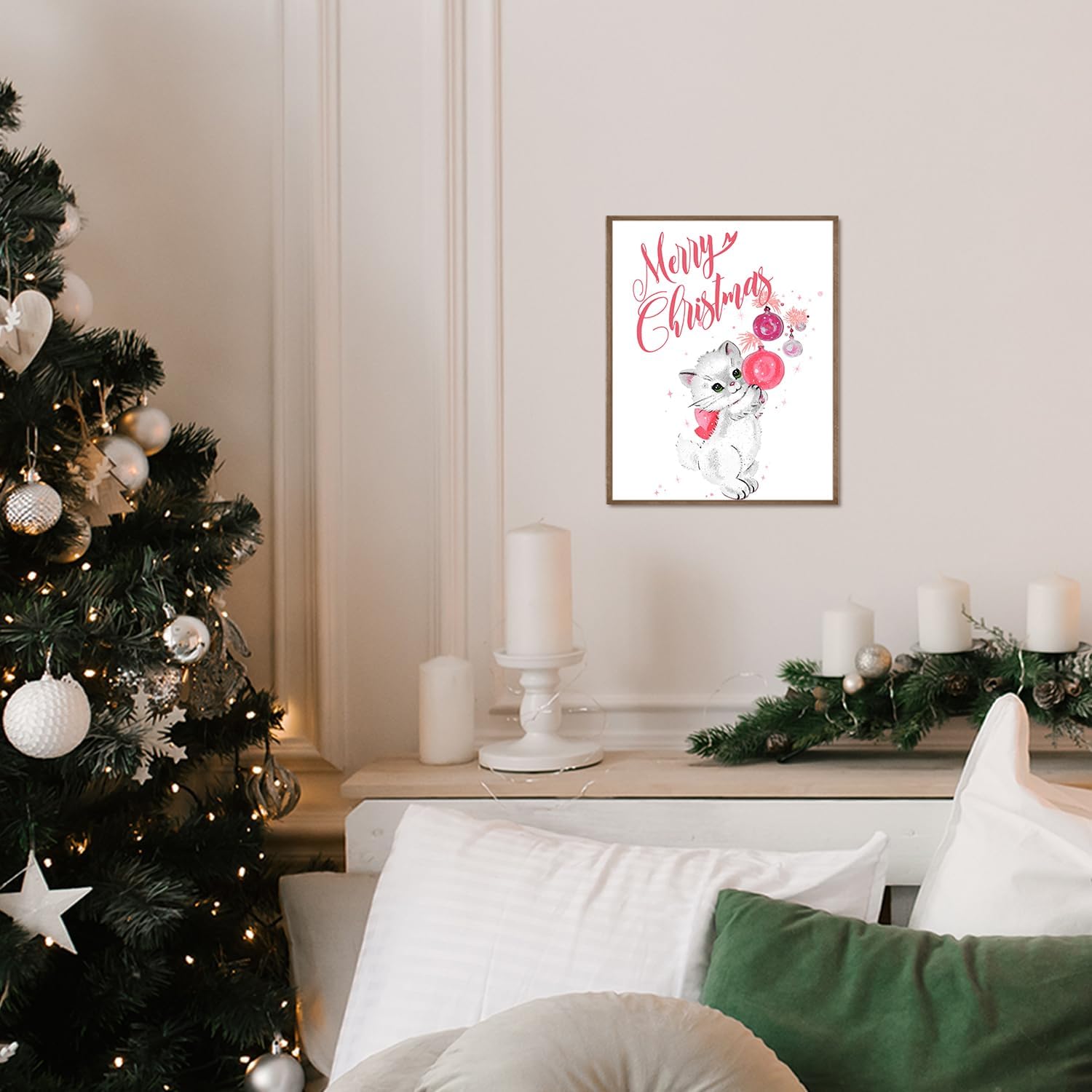 CIOJUNE Christmas Wall Decor, Merry Cat Xmas Canvas Wall Art, Christmas Cat Decor for Living Room & Bedroom, 8x10 Inches Unframed