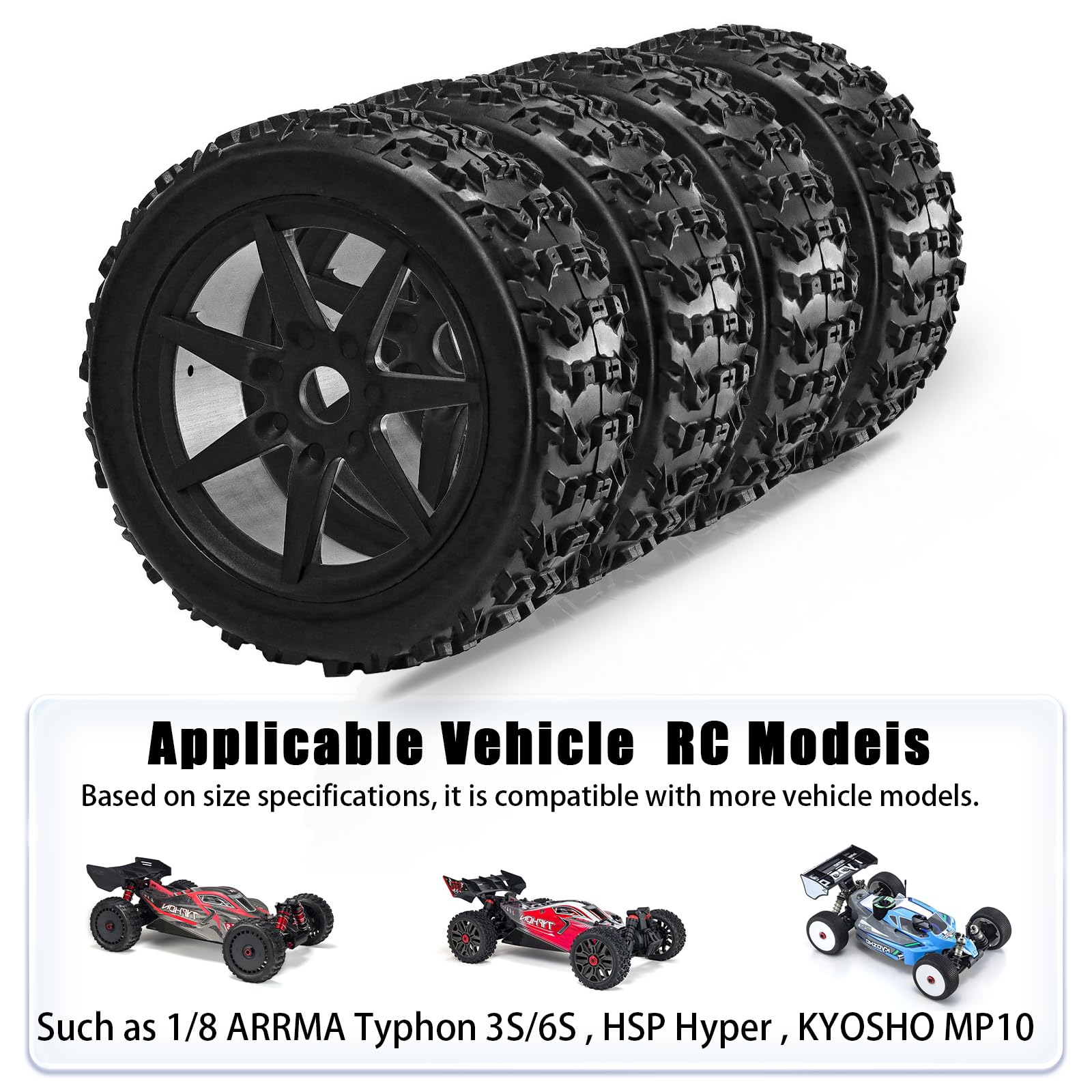 RcThjia 1/8 RC Off-Road Buggy Racing Tires and Wheels 17mm Hex RC Tires with Foam Inserts for ARRMA 1/8 Typhon 3S/6S Losi 8IGHT HongNor FS Racing KYOSHO MP10 MP9 MP9e Neo HSP Hyper. (4PCS/Set) - Image 4