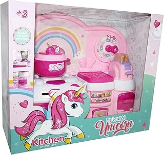 طقم لعبة لادوات المطبخ بتصميم يونيكورن للشيف الصغير، بلاستيك، متعدد الألوان