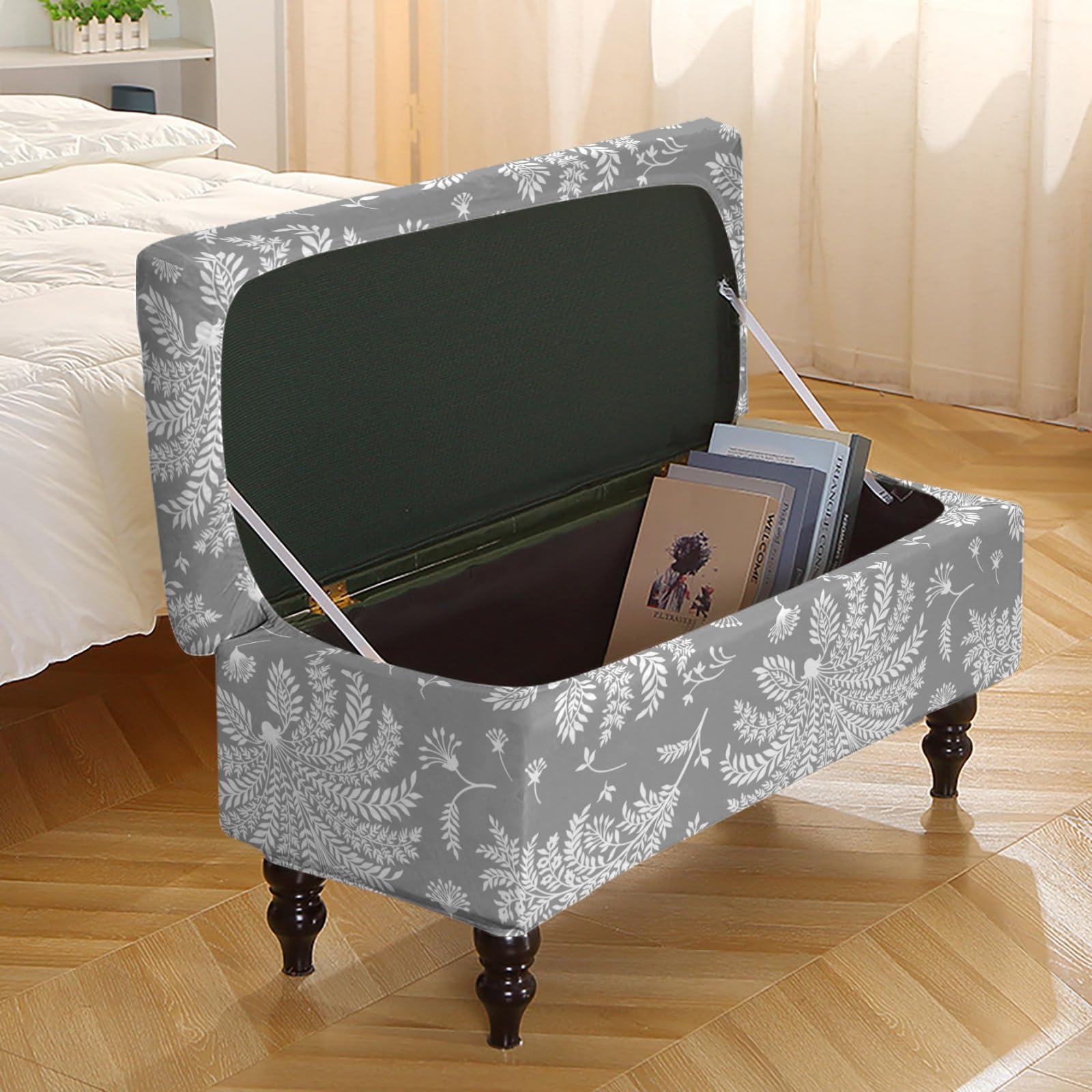 Treer Ottoman Lid Stretch Cover Rectangle, Soft Elastic Ottoman Slipcover Folding Ottoman Storage Bench Covers Washable Footstool Protector Covers for Living Room (Grey Leaves,L)