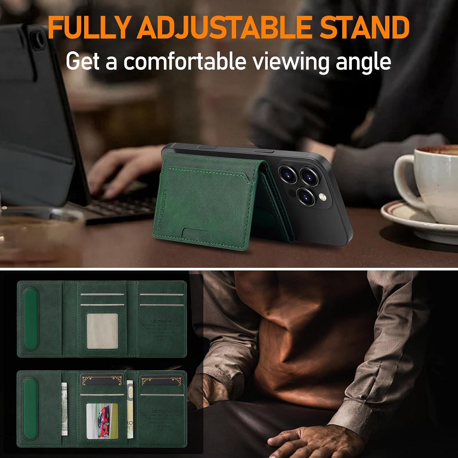 HAII for MagSafe Card Wallet Bag compatible with MagSafe Invisible Ultra-Thin Lightweight Kickstand Magnetic Mobile Wallet Man Woman, 8 Card Slots. (Green, Horizontal Folding) image 3