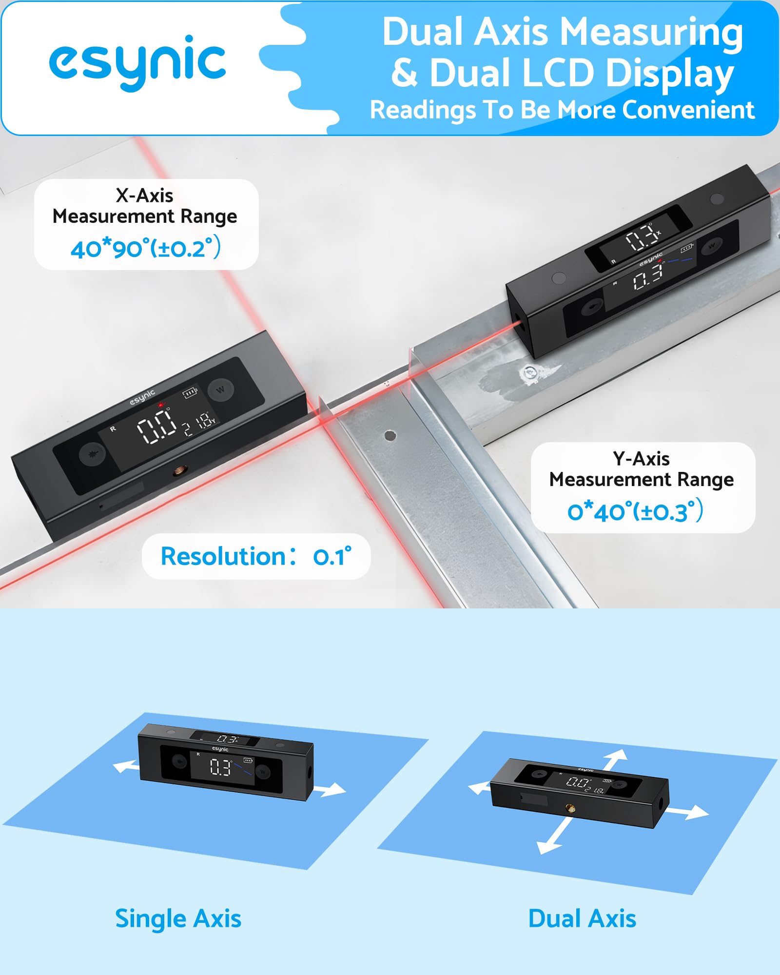 eSynic Digitaler Neigungswinkelmesser mit Dual-Achsen, Präzisions-Inklinometer, Doppel-LCD-Display, Laser-Level, 4 * 90° Messbereich, Wiederaufladbar mit USB-C