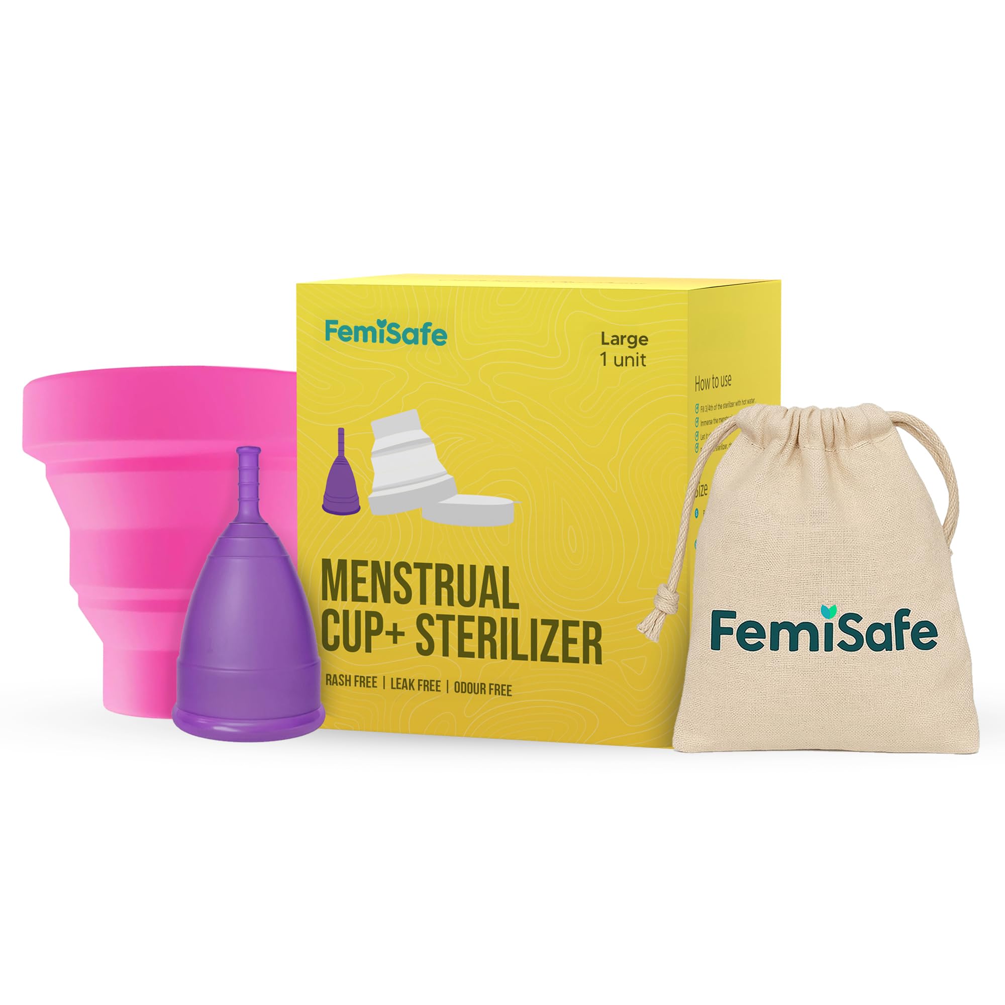 FemiSafe Reusable Menstrual Cup with Collapsible Silicone Sterilizer – Large Size (Pack of 1) | Odourless, Rash-Free, BPA-Free | Medical Grade Silicone | Travel-Friendly & Microwave Safe