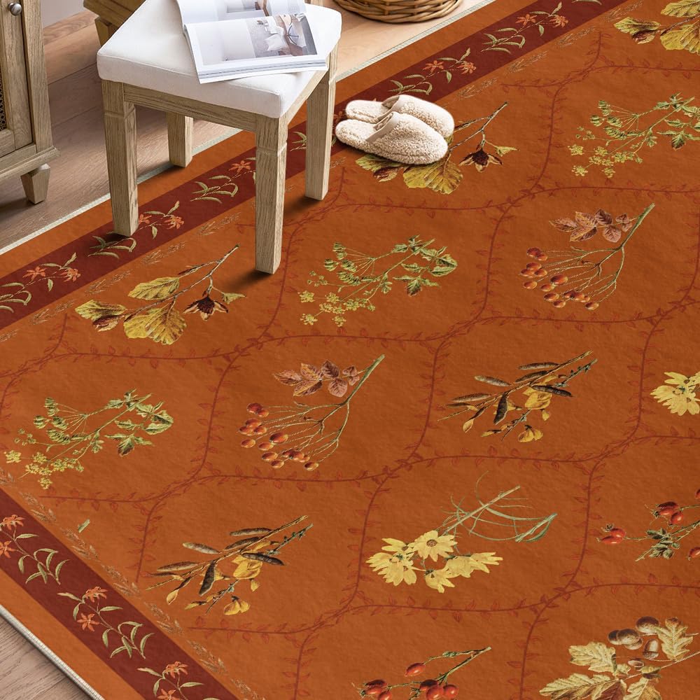 Artoid Mode Rust Orange Floral Geometric Modern Fall Area Rug, Autumn Thanksgiving Home Decor Non Slip Washable Area Rug for Entryway Bedroom Living Room Laundry Room Indoor 5x7 Feet