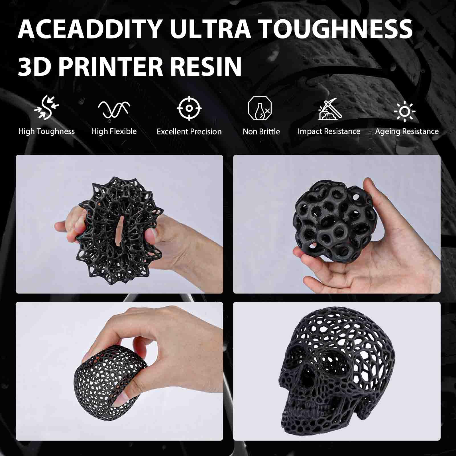 Aceaddity Toughness 3D Printer Resin, Special 3D Printer Resin, High Resolution 405nm UV-Curing Photopolymer Printing Resin, Compatible with Most LCD/DLP/SLA 3D Printer, Black 1KG