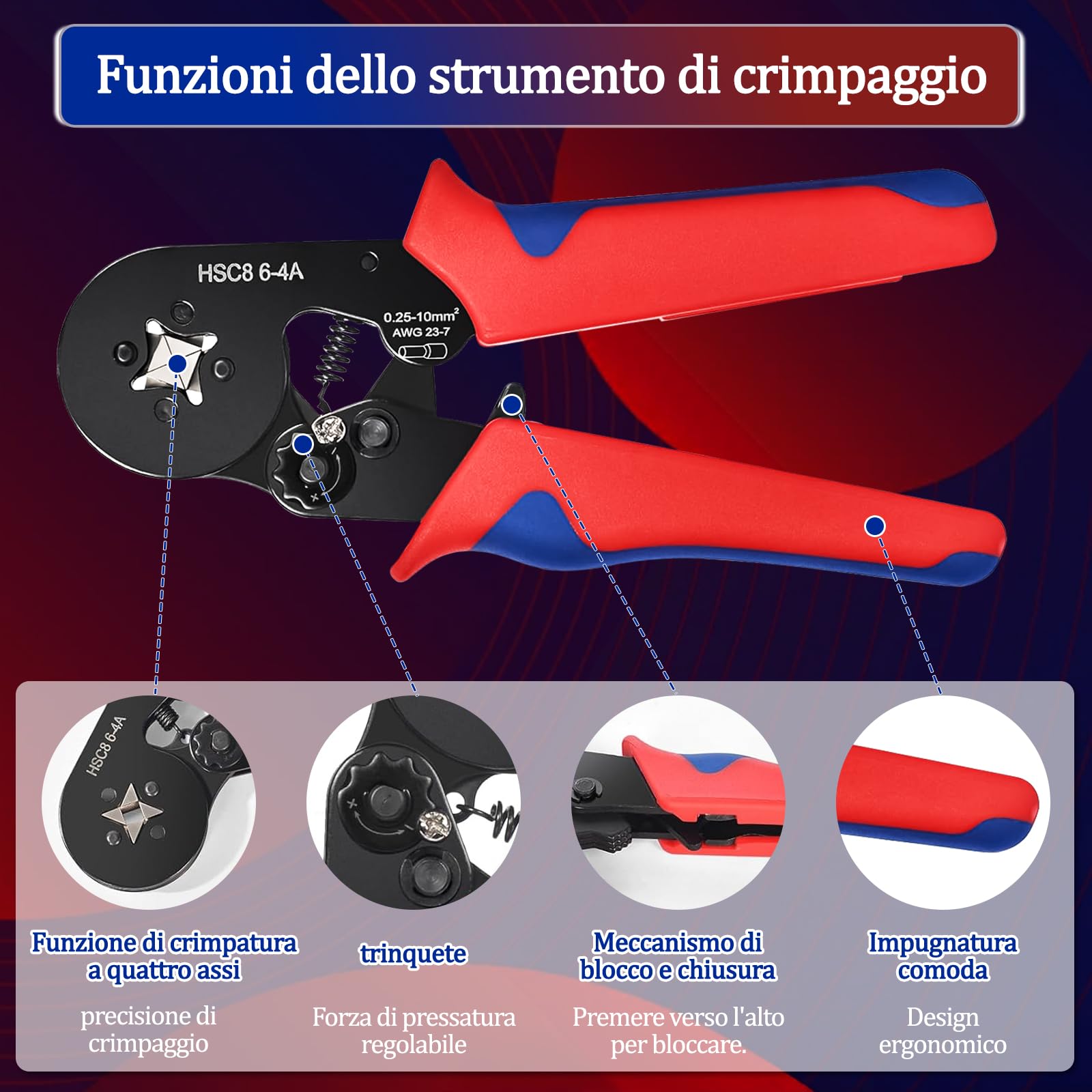 Set di 1300 pinze crimpatrici autoportanti, 0,25 – 10 mm², pressatura quadrata con funzione a cricchetto e impugnatura ergonomica, utensili elettrici e auto