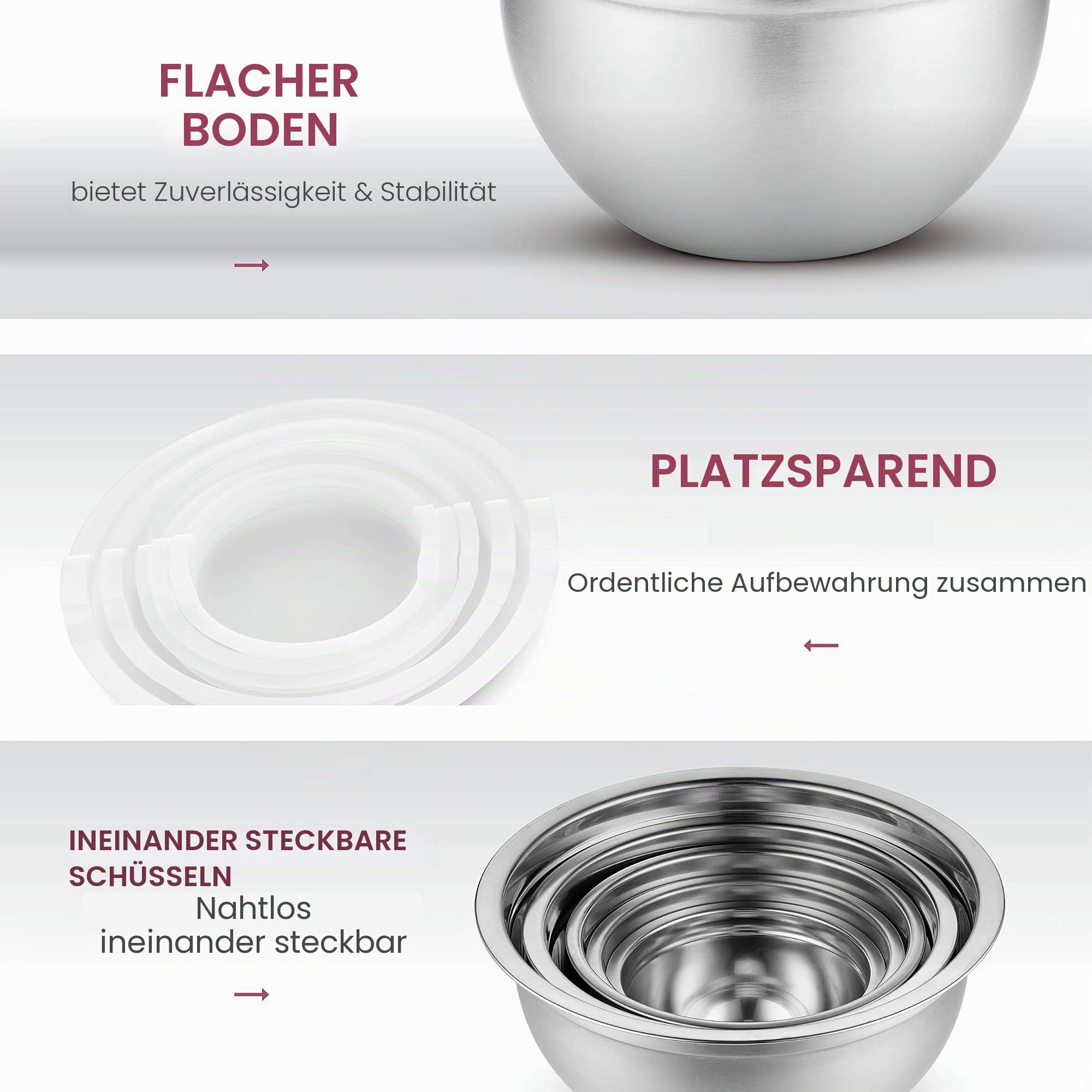 Profiqualität edelstahl schüssel mit deckel (5 Stück) rührschüssel set, stabiler boden schüsseln, stapelbar rührschüssel, salatschüssel, leicht zu reinigender spülmaschinengeeignet servierschüssel