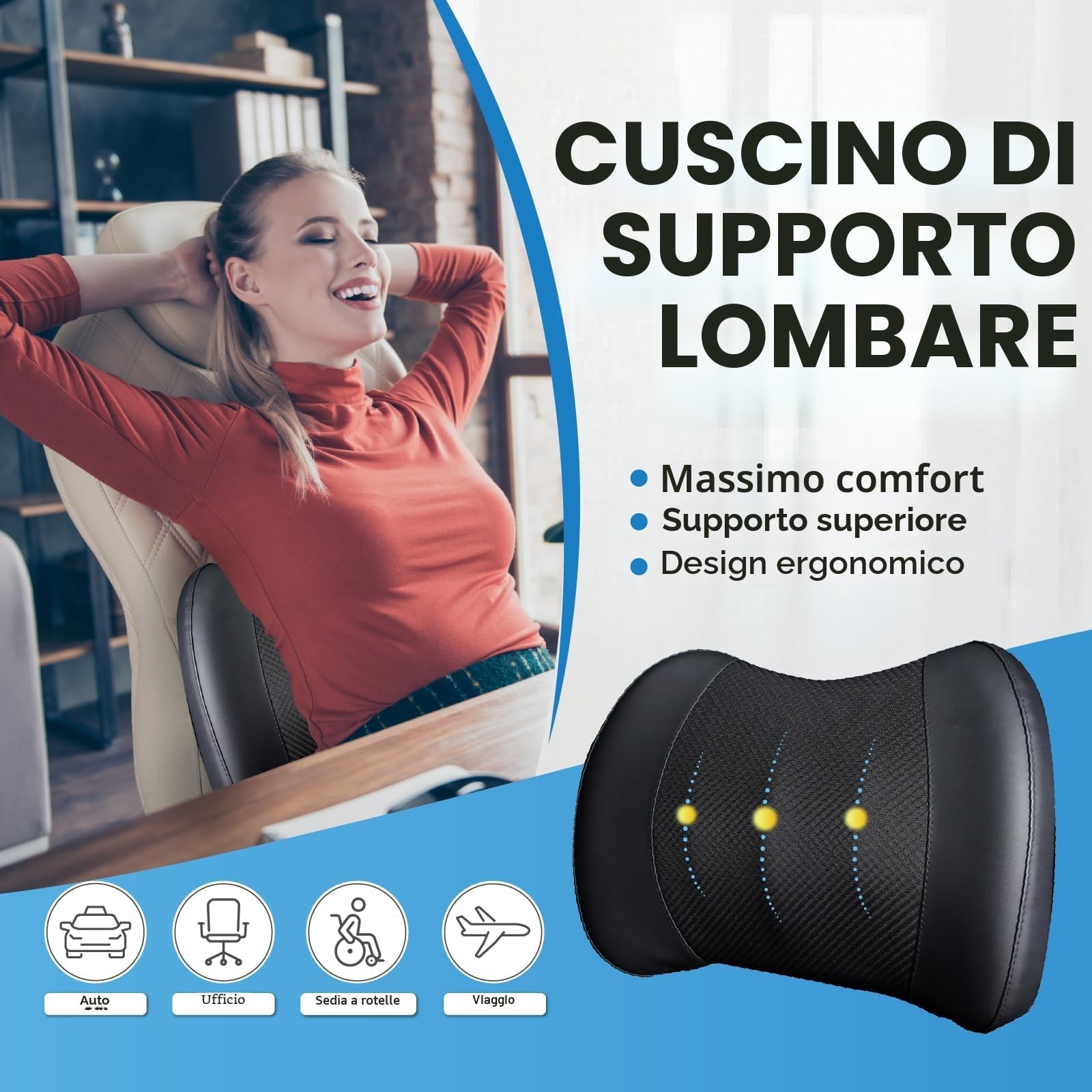 Cuscino di supporto lombare: cuscino lombare in memory foam per alleviare il dolore alla parte bassa della schiena - cuscino per schienale auto per la guida - supporto lombare per auto-sedia da