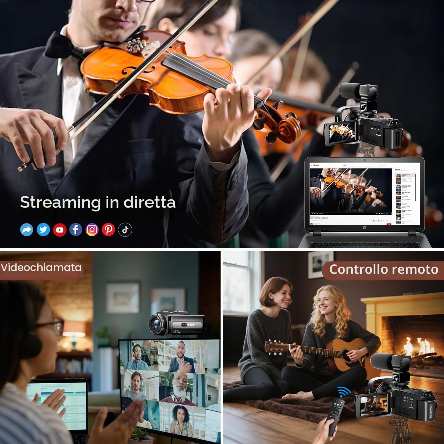 Videocamera 8K 88MP UHD WiFi Vlogging per YouTube 18X Zoom Digitale IR Visione notturna Fotocamera touchscreen da 3.0 pollici con scheda da 32 GB, microfono, paraluce