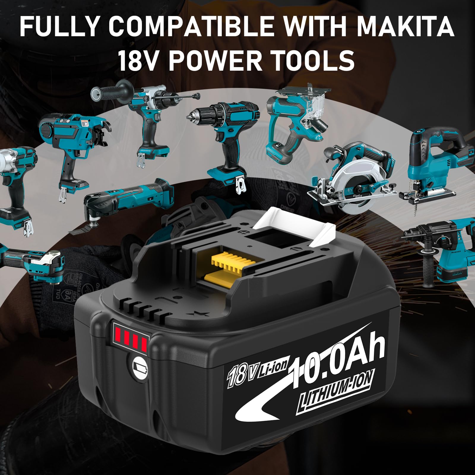 4Stück 10Ah Ersatzakkus für Makita Akku LXT BL1860B mit LED Anzeige | 10.0Ah Hohe Kapazität, LED-Ladeanzeige, Kompatibel BL1860B BL1850B BL1840B BL1830B BL1820, Für Alle LXT 18V Geräte