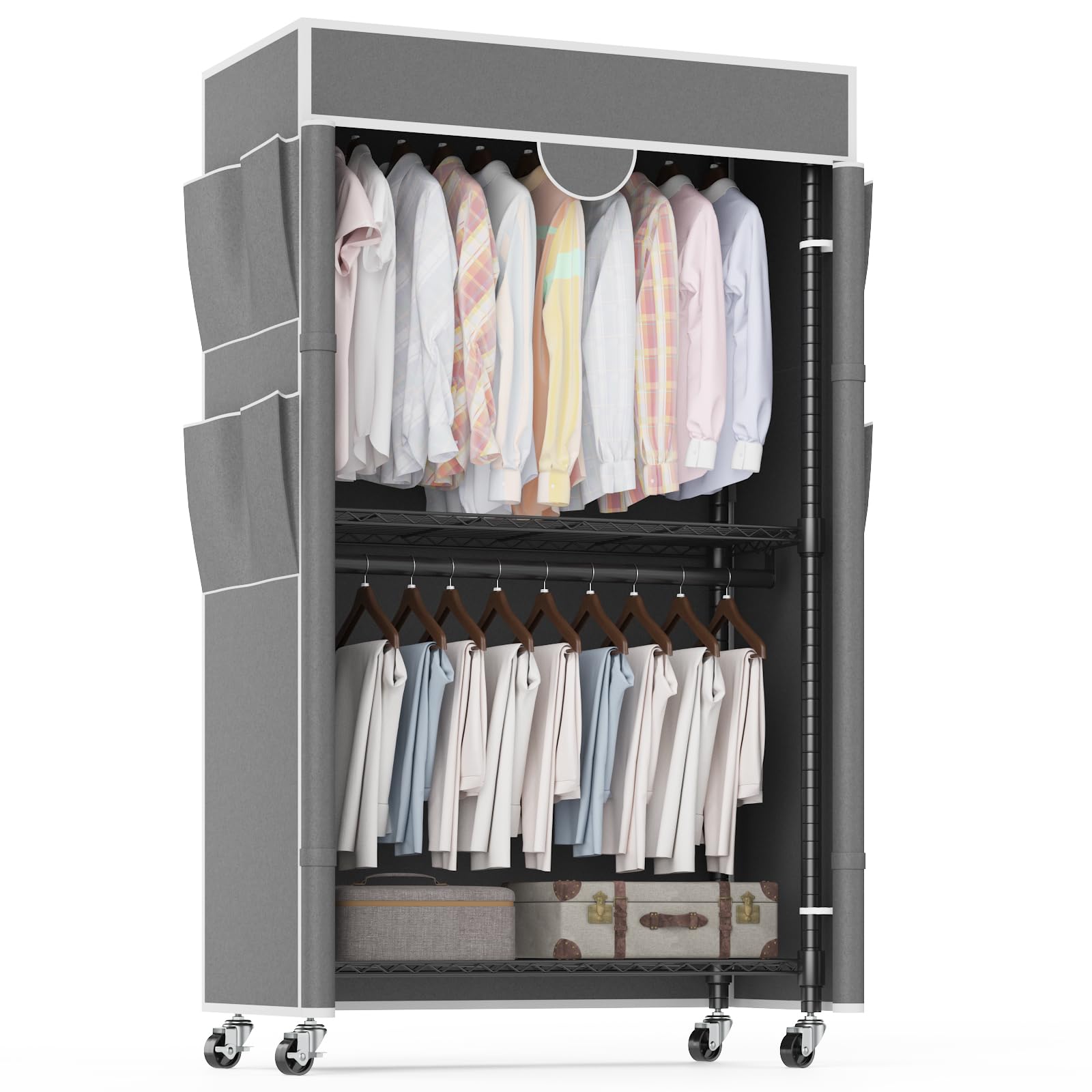 Homdox Clothes Rack, Heavy Duty Portable Rolling Wardrobe Closet with Oxford Fabric Cover and Adjustable Shelves, Double Rods Clothing Rack with Wheels for Hanging Garments (Gray)