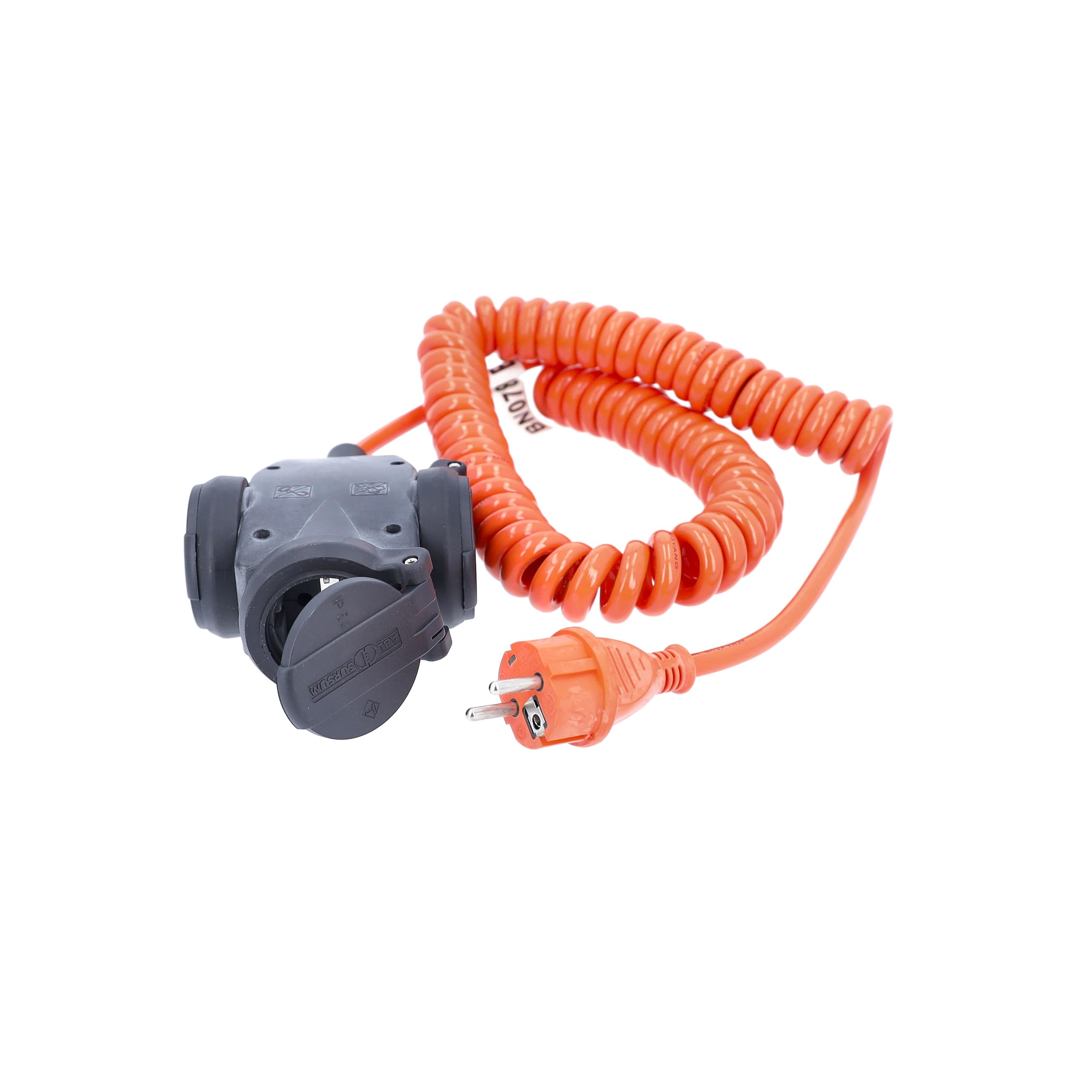 as - Schwabe Cable Espiral Extensible de 1 a 5 m H07BQ-F 3G1,5-3 Tomas con Tapas - 230 V / 16 A - con Contacto de protección - Resistente al Polvo y a Las Salpicaduras (IP44) - Naranja, 70414