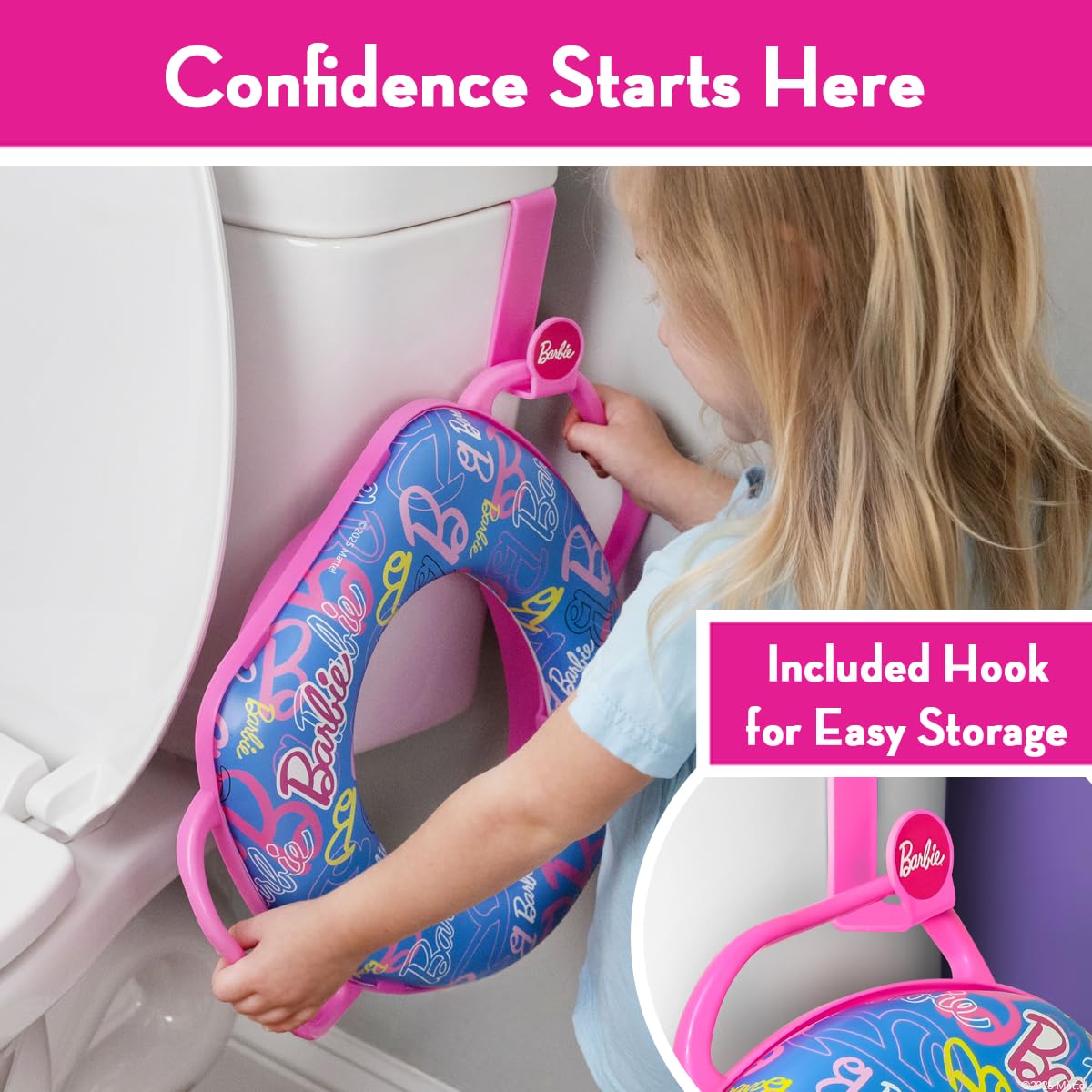 Barbie Morbido vasino per addestramento del WC con gancio portaoggetti, anello imbottito antiscivolo con paraspruzzi, maniglie integrate per bambini, tema Barbie rosa e blu