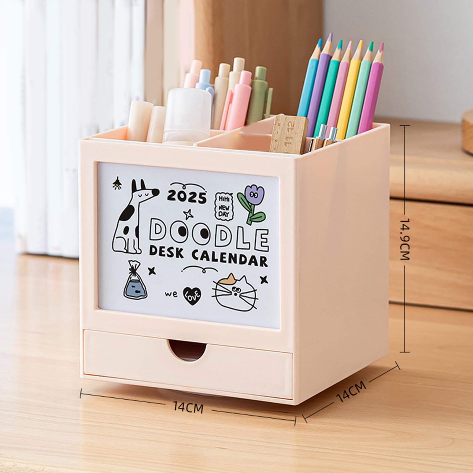 Organizzatori multiuso per penne con calendario 2025 e cassetto portapenne da scrivania a 4 scomparti organizer per matite rotanti per studenti insegnanti uso ufficio