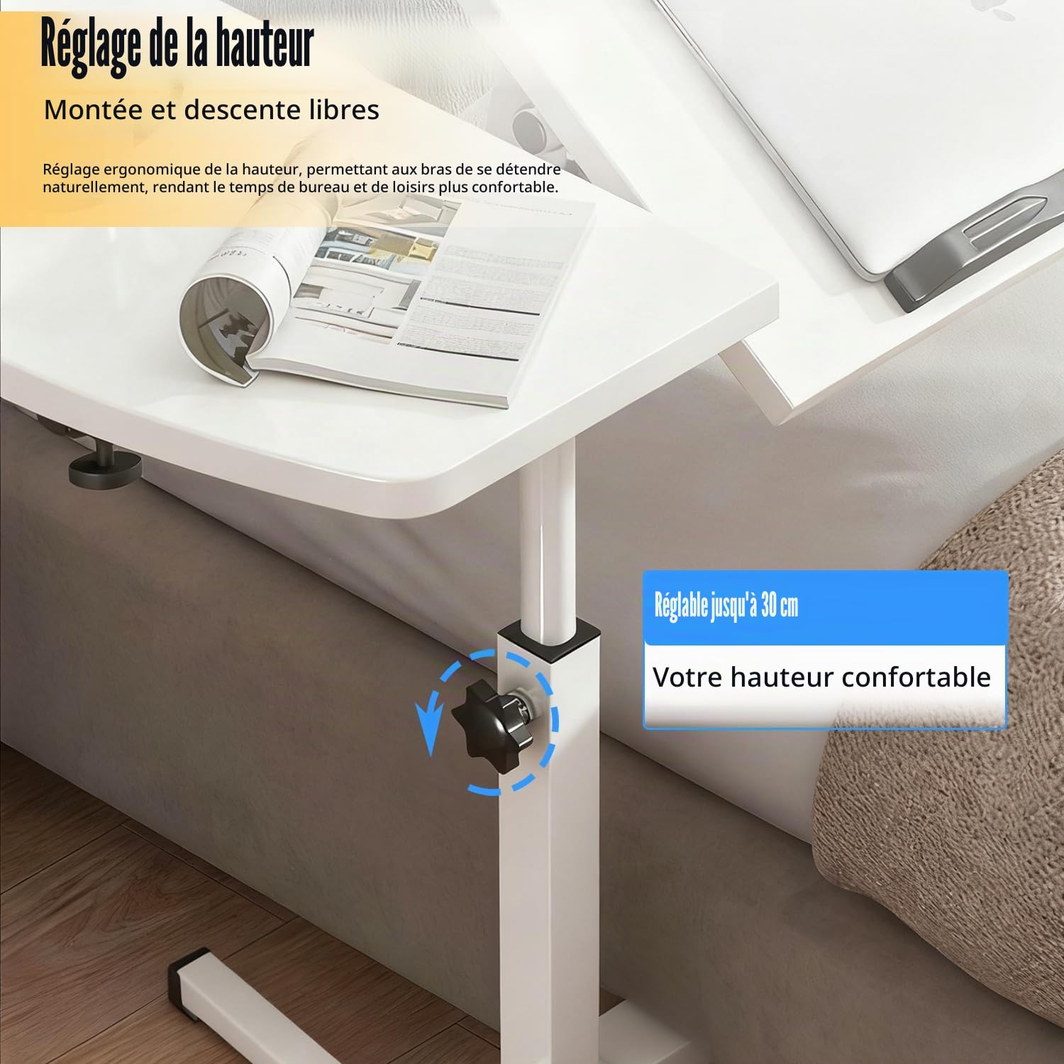 Table pour Ordinateur Portable,Table De Lit Medical，Bureau Roulant avec Plateau,Support d'Ordinateur Portable Réglable en Hauteur,Bureau Debout Mobile 60x40 CmInclinable (Blanc)