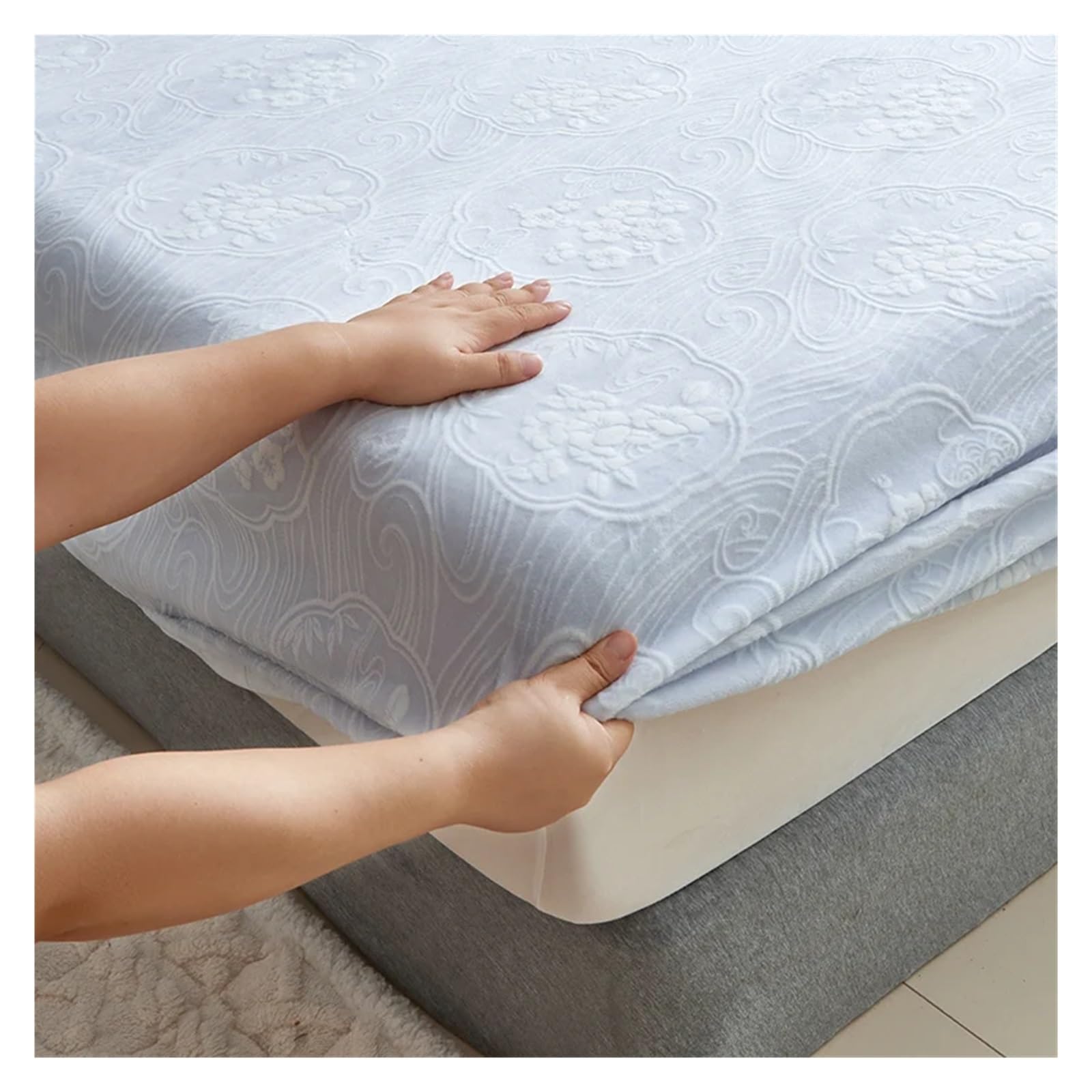 Sábanas Terciopelo Colchas de Terciopelo de Leche, Sábana Bajera Gruesa y cálida Tallada en 3D, sábanas Dobles elásticas, Funda de Cama, Funda de colchón(02,150x200x25CM)