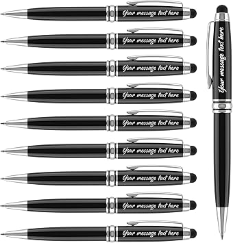 Ancolo Personalized Ballpoint Pens with Stylus - Engraved with Your Message Name/Phone Number Metal Body Black ink Gift for Bank, Office, Hotel Lobbies, Groomsmen Gift 10 Pens/Box
