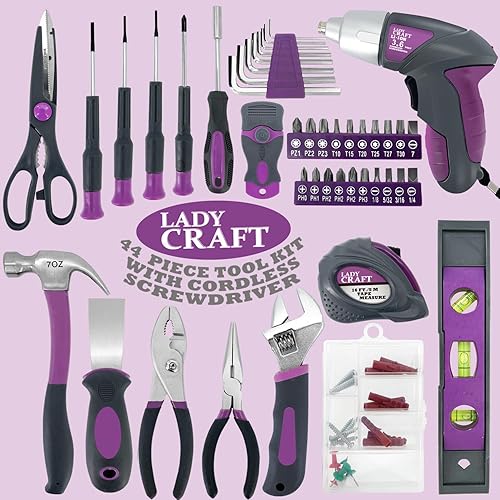 Miniatura 6 de hyperpower Juego de herramientas de destornillador inalámbrico 44 unids 4 V, herramientas de color rosa, kit de herramientas de señora, kit de