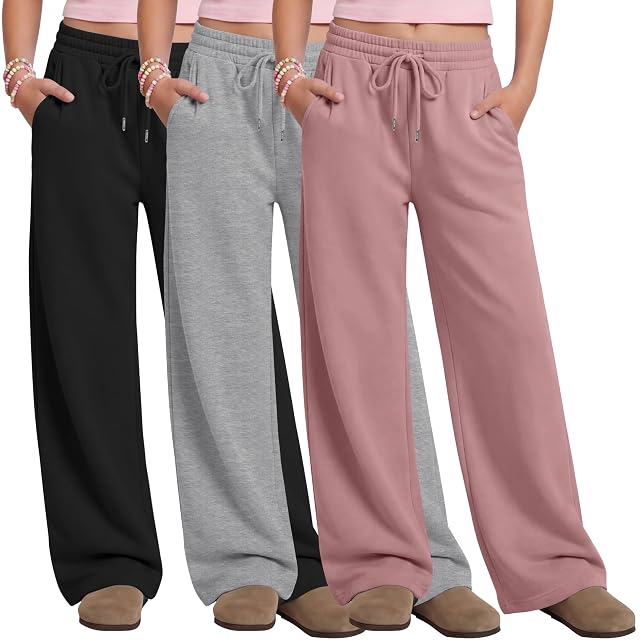3 Pack Girls Wide Leg Sweatpants Drawstring Baggy Pants Teen Casual Loose Athletic Joggers with Pockets 5-14 Years