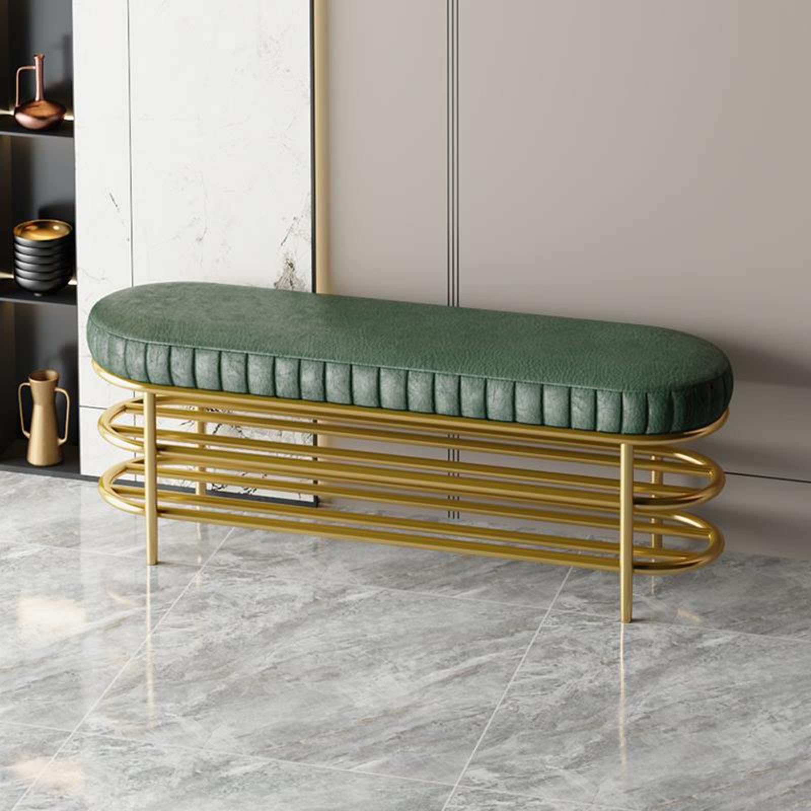 Banc à chaussures vert compact pour en finir avec le désordre dans l'entrée ou la salle de bain