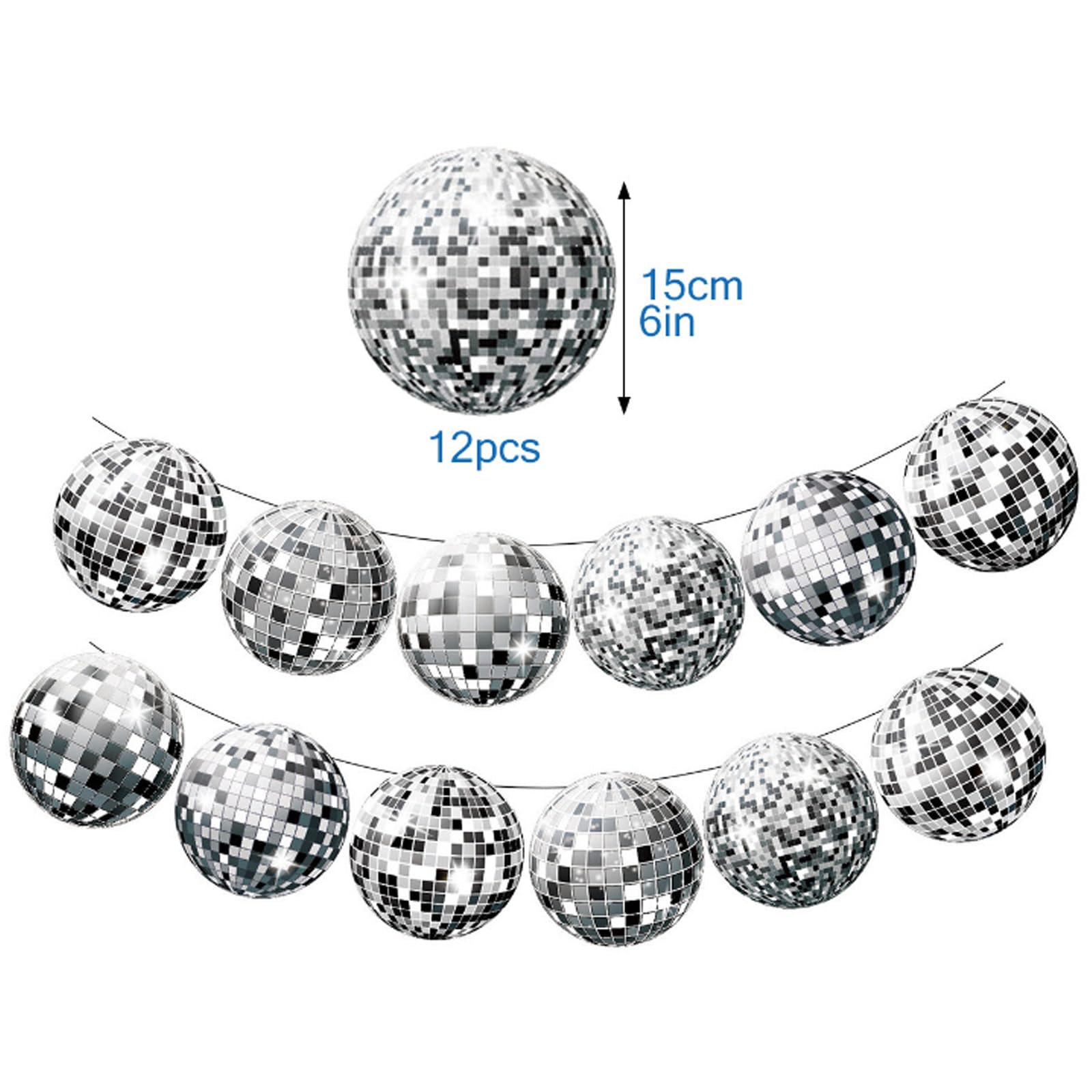 Guirlande de Décoration Disco, 2 Bannières de Boules à Paillettes Argentées+6 Spirales Suspendues, Guirlande de Décoration Disco Spirales, Décoration de Plafond de Fête Style Années 70, 80 et 90