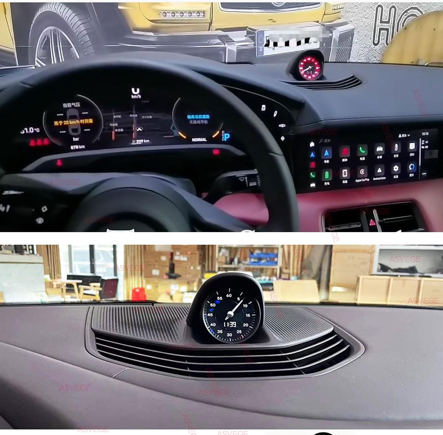 Sport Chrono Stopwatch Mounted Dashboard for Porsche Taycan 9J1 2020-2021 (Black Cover & Yellow Stopwatch)