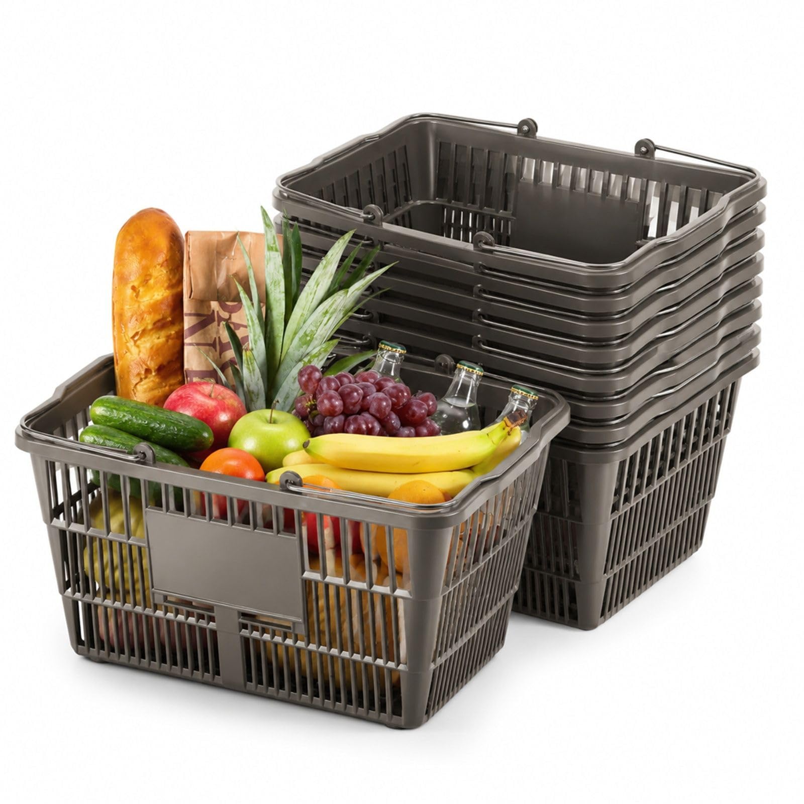 Einkaufskorb aus Kunststoff, 12er-Pack, 21 L, schwarz, stapelbar, mit Metallgriffen, engmaschige Struktur, für Lebensmittelgeschäft, Einzelhandel und Supermarkt