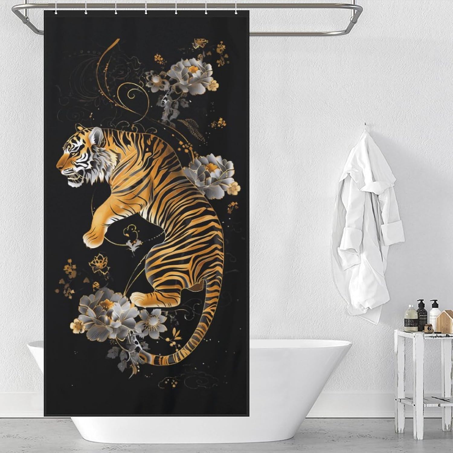 Chinese Tiger Flowers Funny Shower Curtains Washable Bath Curtain Liner with Hooks for Bathroom Bath Tubs 36x72Inch（92x183cm）