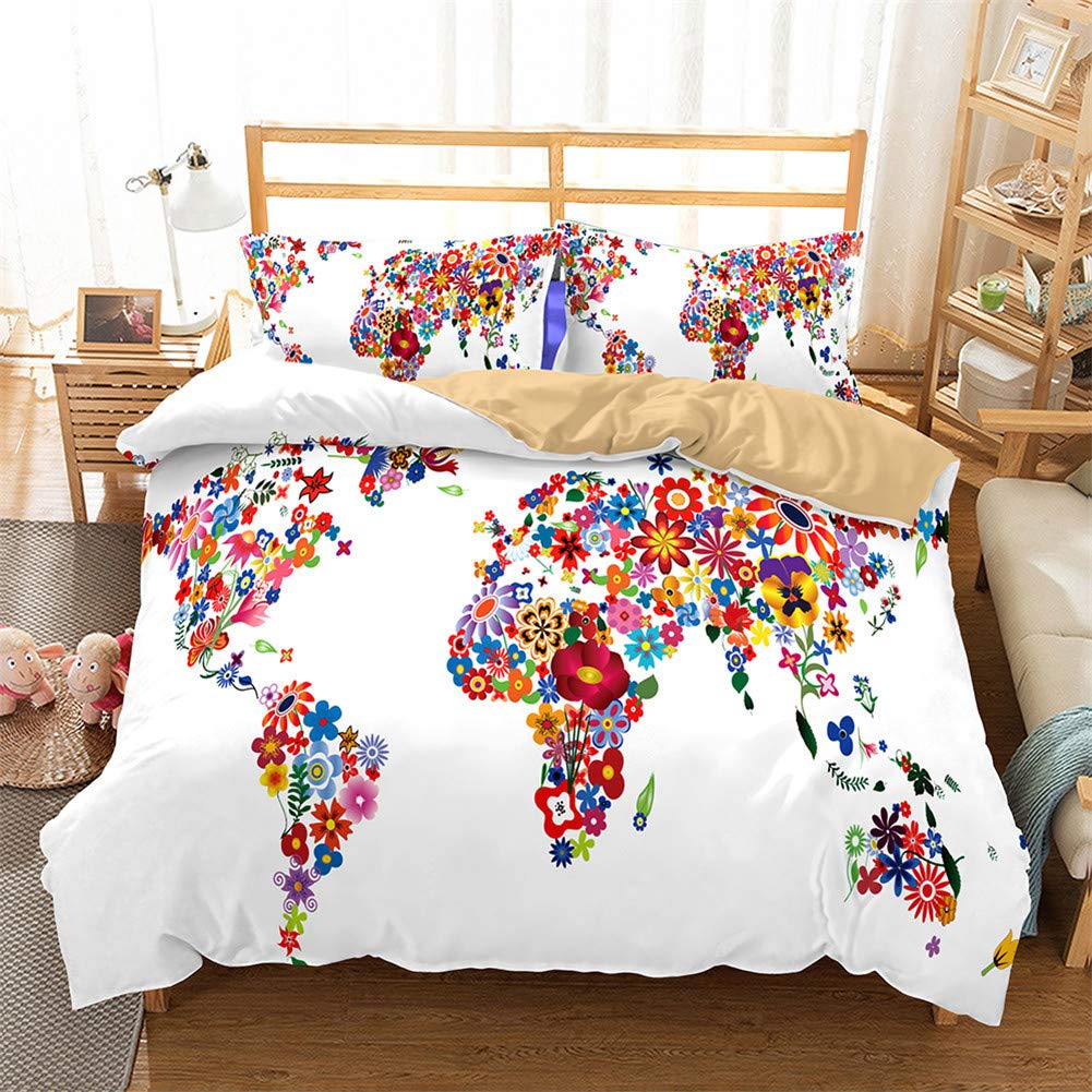 Parure de lit 3 pièces Carte du Monde Cent Fleurs avec housse de couette microfibre