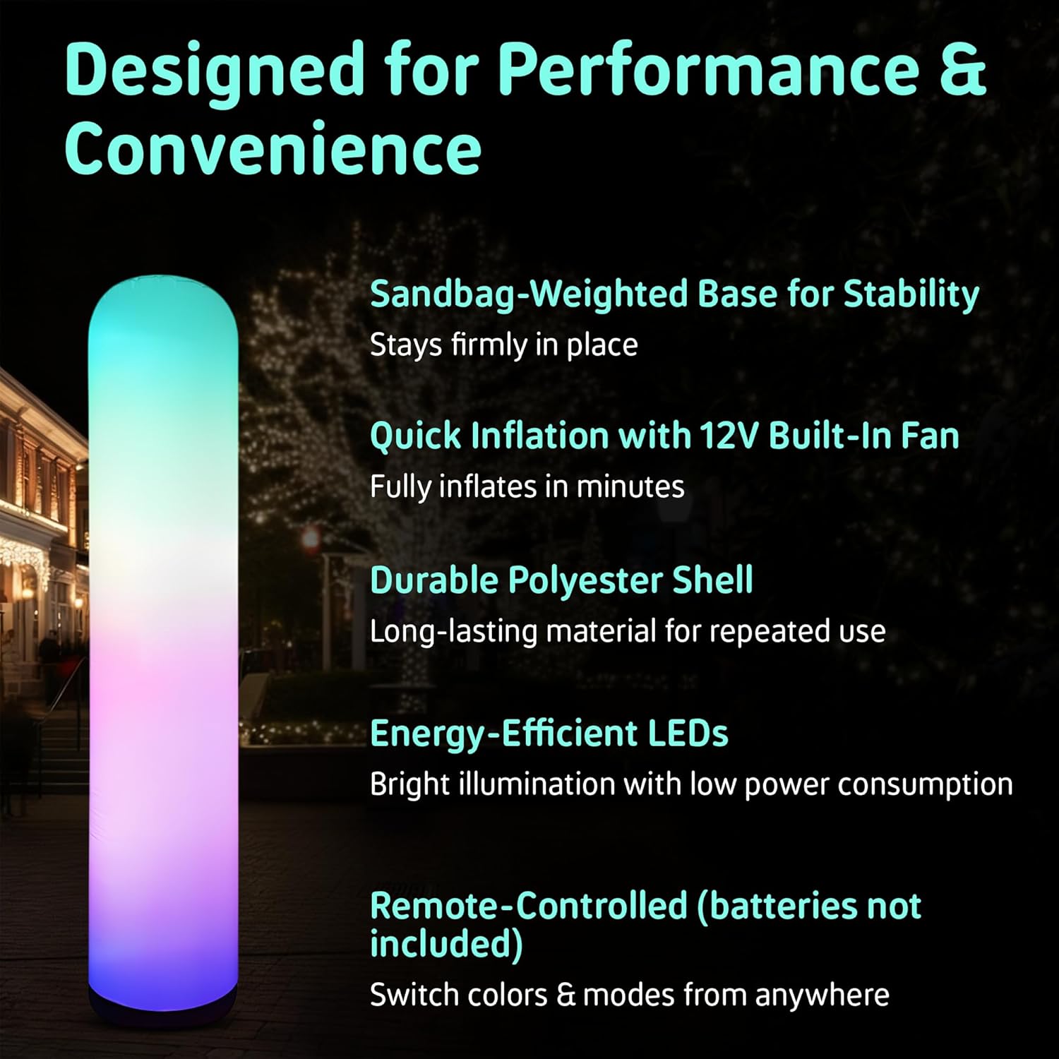 Inflatable Color Changing Column 8' x 18", Sand Bag Base, 4 Modes, Remote-Controlled LEDs