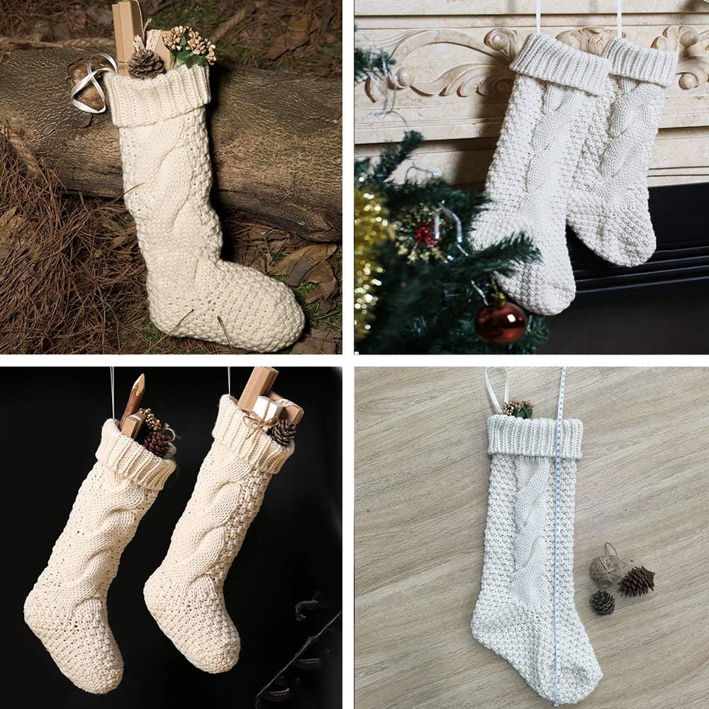 18 Large Size Cable Knit Christmas Stockings,Unique Burgundy Xmas Stocking Decorations for Family Holiday Season Decor (White)