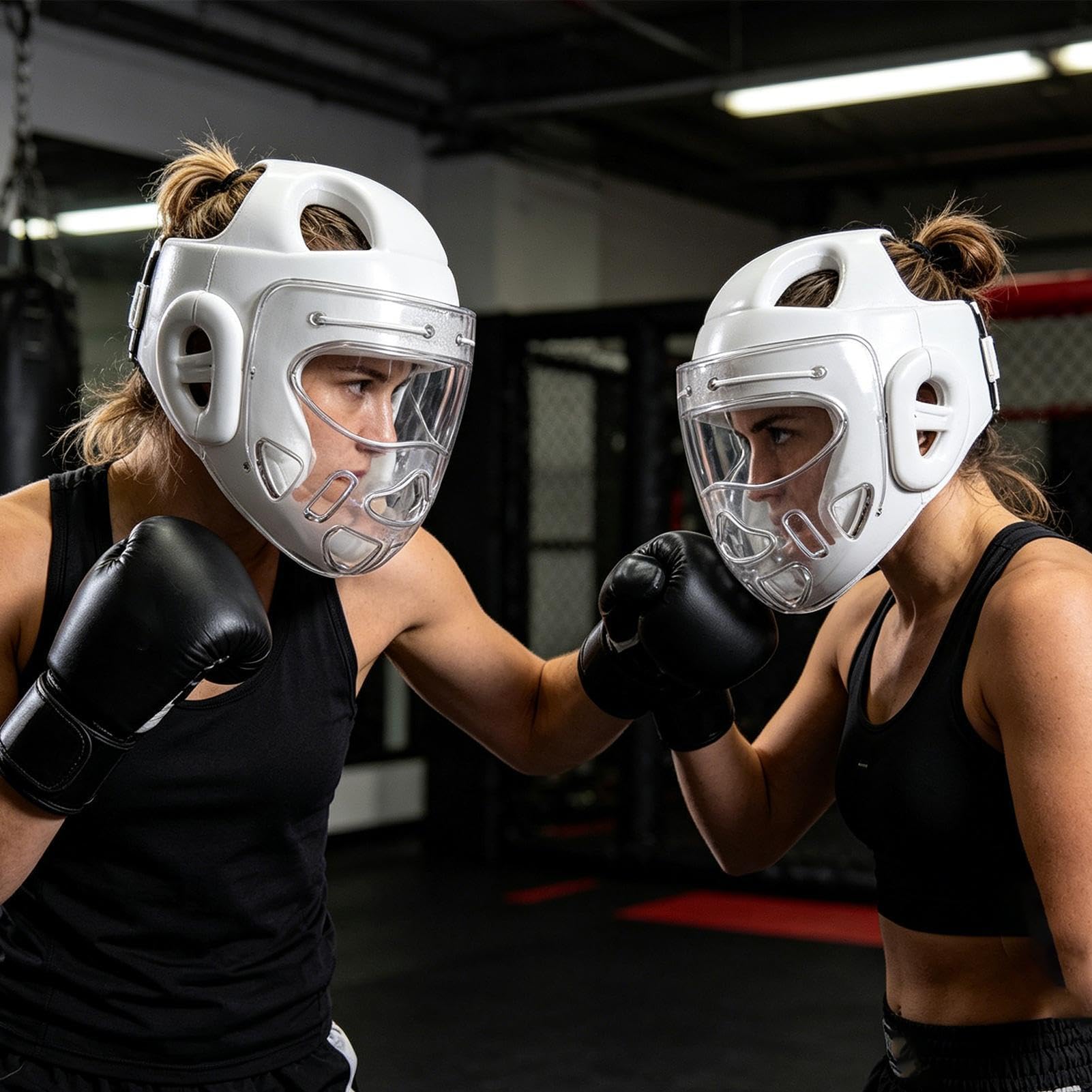 Caschetto da Sparring con Protezione Facciale Completa - Casco da Karate Kickboxing Boxe con Visiera Trasparente, Protezione per la Testa in Schiuma PU per Bambini Adulti Giovani
