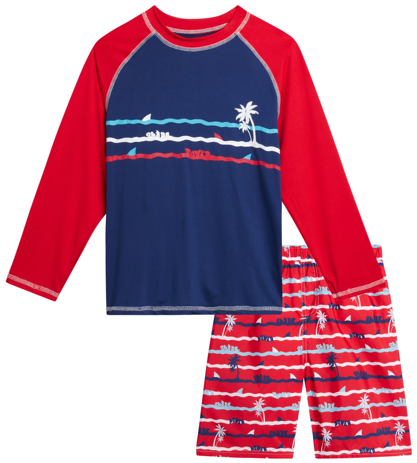 iXtreme Boys Rash Guard Set - 2 Piece UPF 50+ Quick Dry Long Sleeve Swim Shirt and Swim Trunks for Boys (Sizes: 2T-14), Size 14, Red/Blue Palm Beach