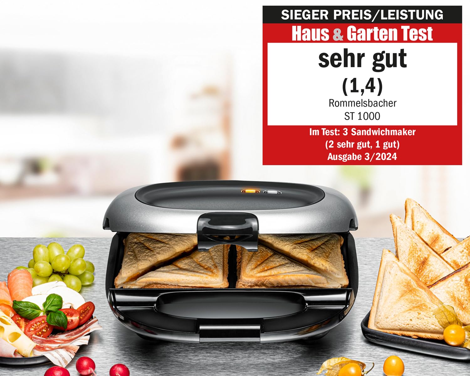 ROMMELSBACHER Sandwich Maker ST 1000 – bardzo głębokie wgłębienia do pieczenia, na 2 amerykańskie kanapki XL, powłoka nieprzywierająca, ochrona przed przelaniem, pełne uszczelnienie, wysokie pręty