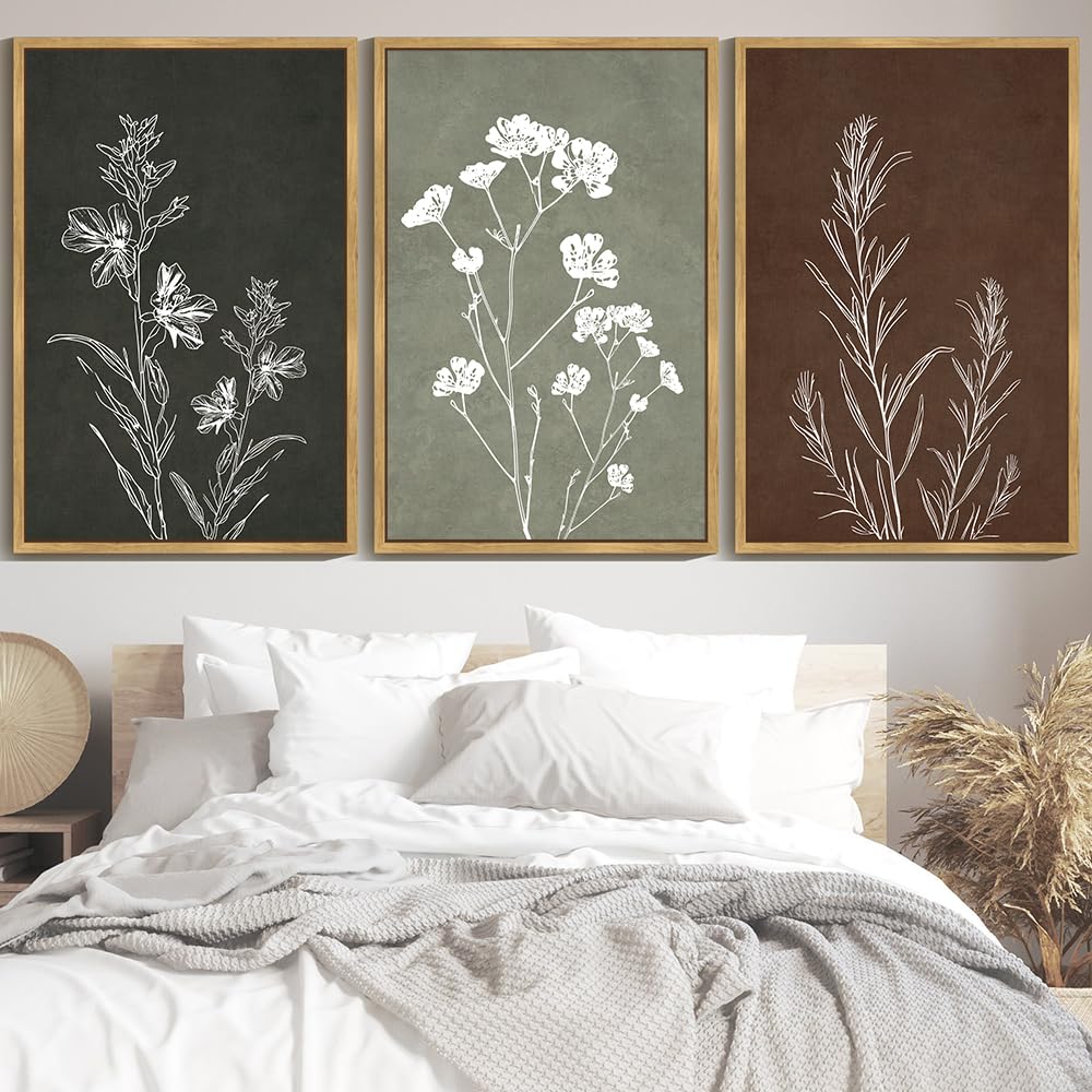 Drsoum Vintage Botanical Flower Boho Framed Wall Art Retro Floral Prints Wildflower Bohemain Neutral Rustic Artwork Kitchen Bedroom Ready to Hang 24x36in Natural Framed