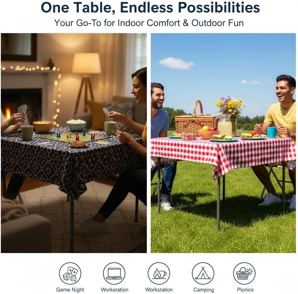 Bigacc 34" Folding Card Table, Heavy Duty Plastic Square Table - Handle & Lock& Portable，for Camping, BBQ, Party (Square, White)
