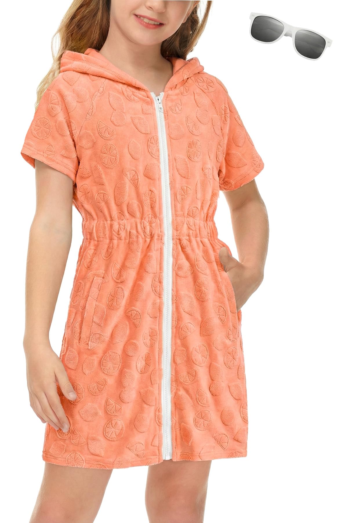 BesserBay Girls Swim Cover Up Beach Bathing Suit Coverups for Swimwear Zip-Up Terry Cloth Robes with Sunglasses 6-14 Years
