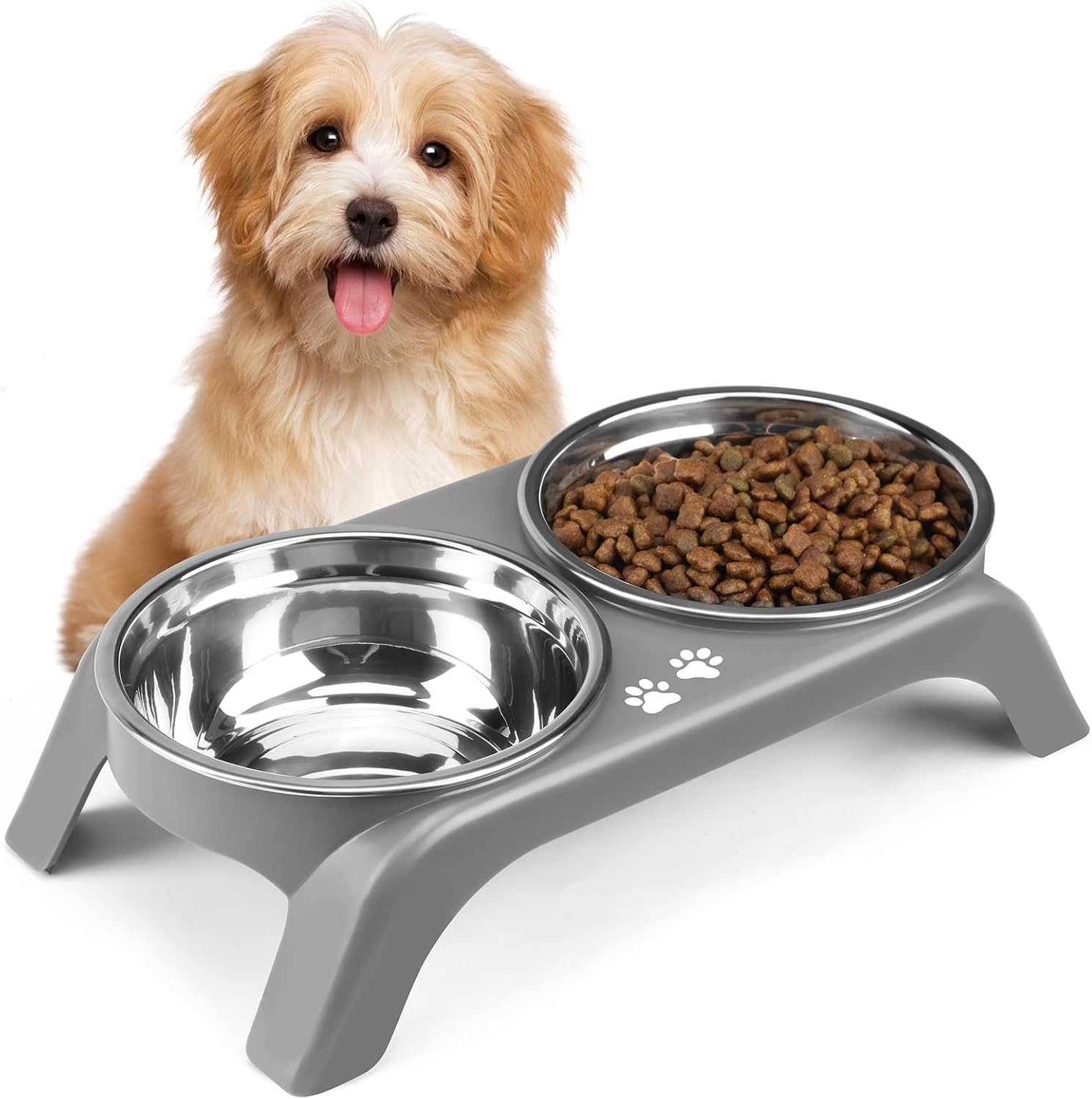 Elevated Cat Bowls - Anti-Vomiting Raised Cat Bowl Stand with 2 Thick Stainless Steel Cat Bowls Non-Slip for Small Medium Indoor Cats & Puppies, Dishwasher Safe Grey 4.9" for Cats & Puppy Grey