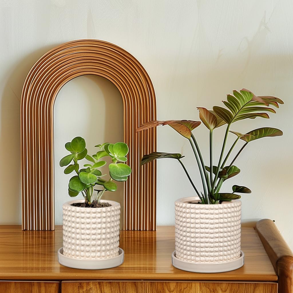 Oairse Vaso per piante in ceramica, 15 cm + 11 cm, con fori di drenaggio, vasi da fiori bianchi, design con perline, vasi decorativi per interni, per cactus, serpente, pianta d'appartamento