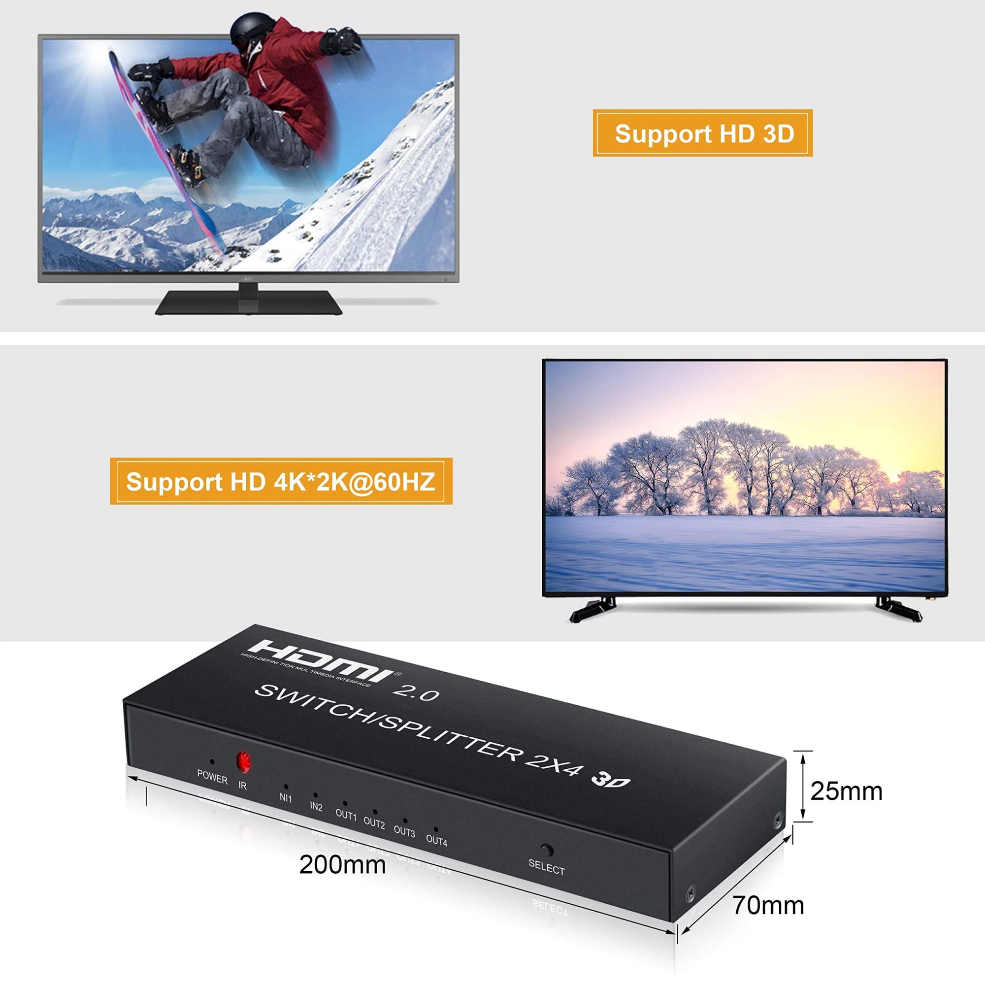 4K @ 60Hz 2 en 4 Salidas HDMI Switch Splitter con Control Remoto, 2x4 4K HDMI Splitter con SPDIF y Audio de 3,5 mm, Compatible con 4K, 3D, 1080p, HDCP2.2, HDR 10 para PS4