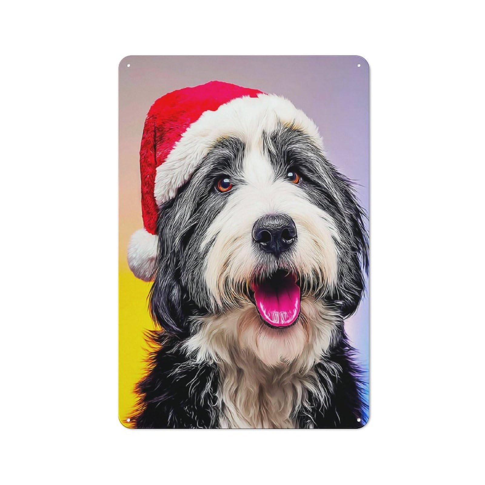 Junmoney Christmas Pup In Santa Hat -4 Clean Industrial Decorative Metal Plaque 30X20cm, Loft Wall Plaque For Modern Home, Workshop, Office Or Cafe