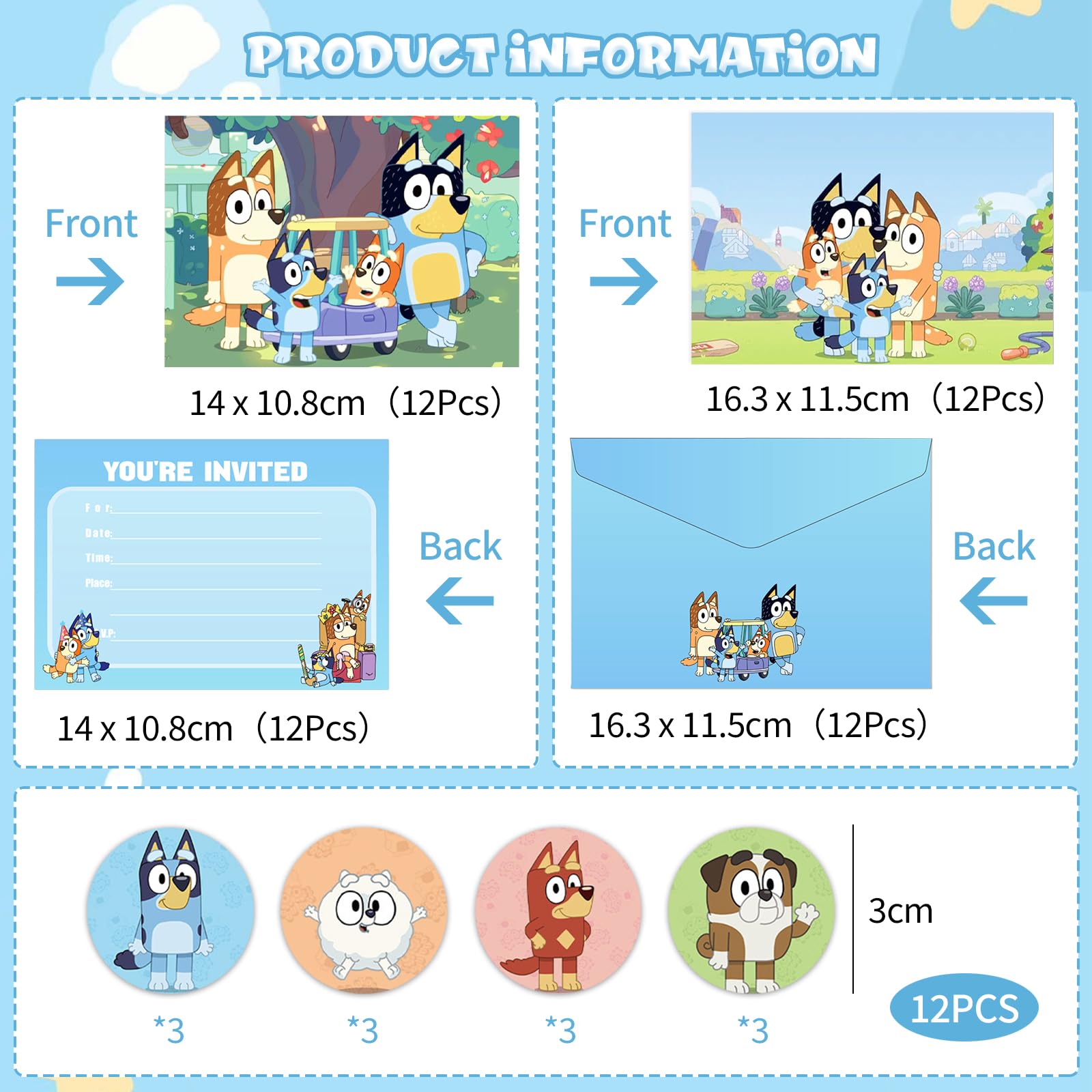 Bluey Einladungskarten Kindergeburtstag - 12 Karten Mit Umschlägen & Aufklebern