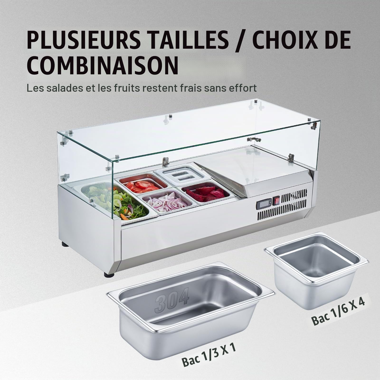 VEVOR Saladette Réfrigérée à Poser 140 W, Vitrine Réfrigérée pour Pizzeria, avec 1 1/3 Casseroles et 4 1/6 Casseroles, Corps en Inox 304 et Couvercle en PC, pour Préparation de Sandwich Ingrédients