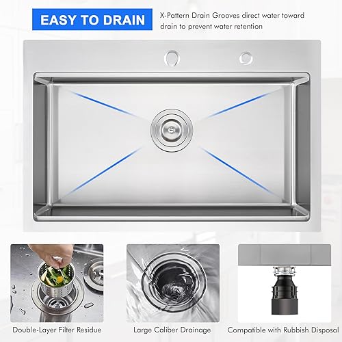 Miniatura 22 de MENATT Fregadero de cocina de 23 pulgadas, calibre 18 de acero inoxidable con orificio para grifo único, repisa de un solo tazón, fregadero