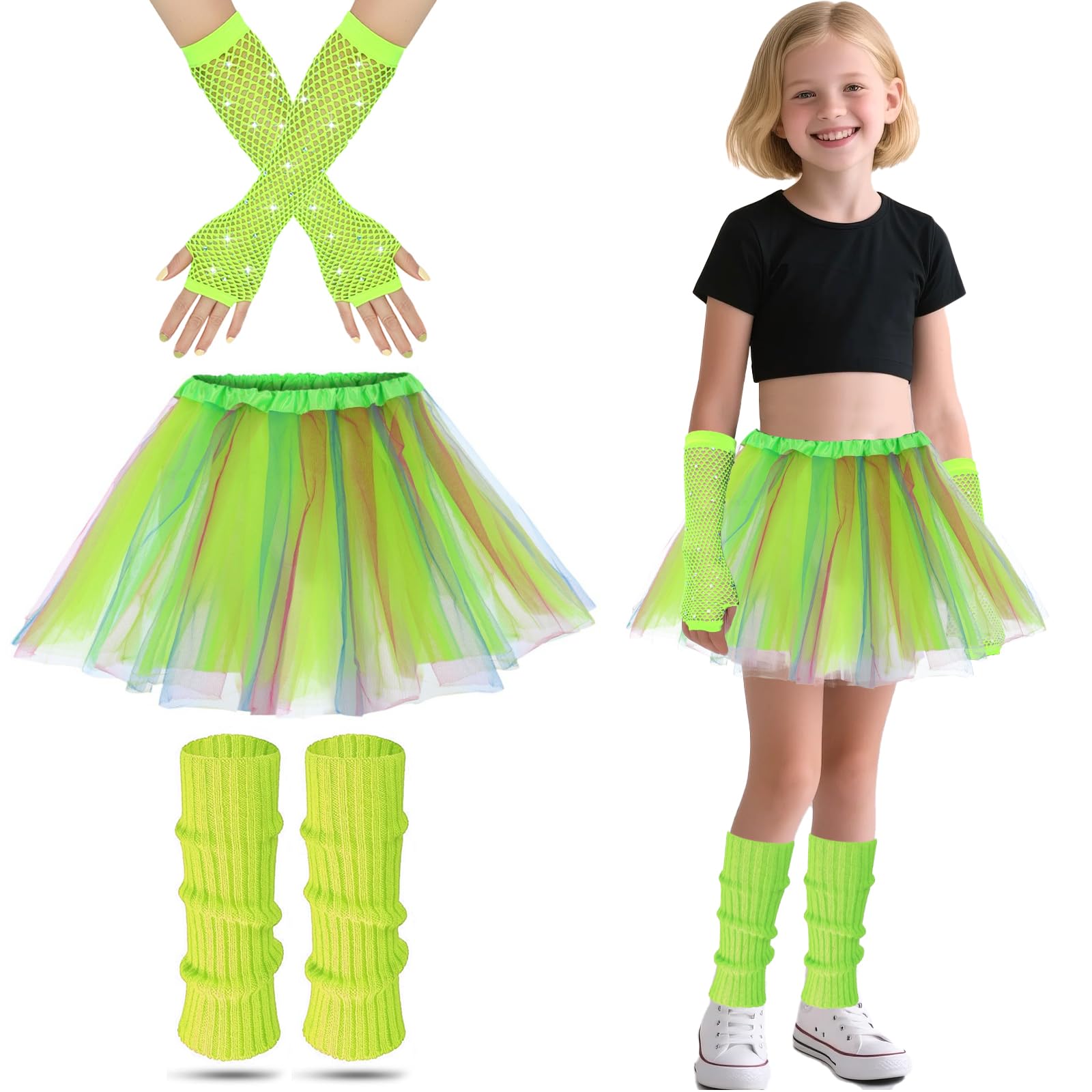 80s Fancy Dress for Kids Rockstar Costume 80s Outfits Kids Neon Tutu Set Girls Leg Warmers Fishnets Gloves and Fancy Dress Tutu for 1980s Theme Party Disco Party Costume Carnival Gathering (Green)