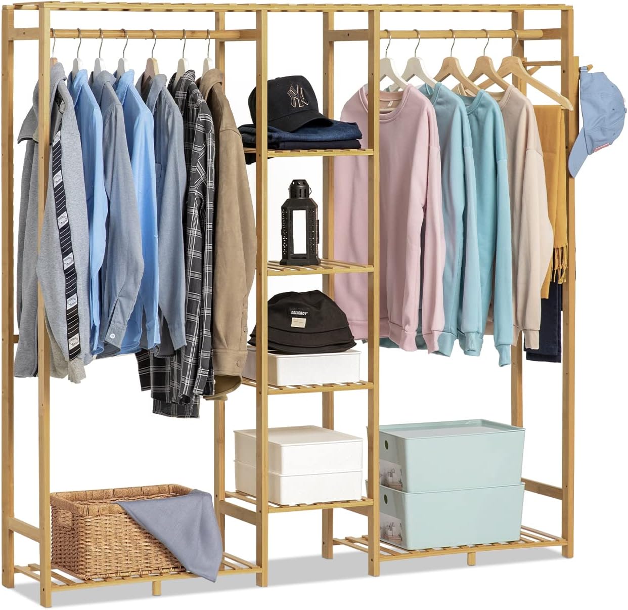 MoNiBloom Bamboo Clothes Rack with Double Rods and Storage