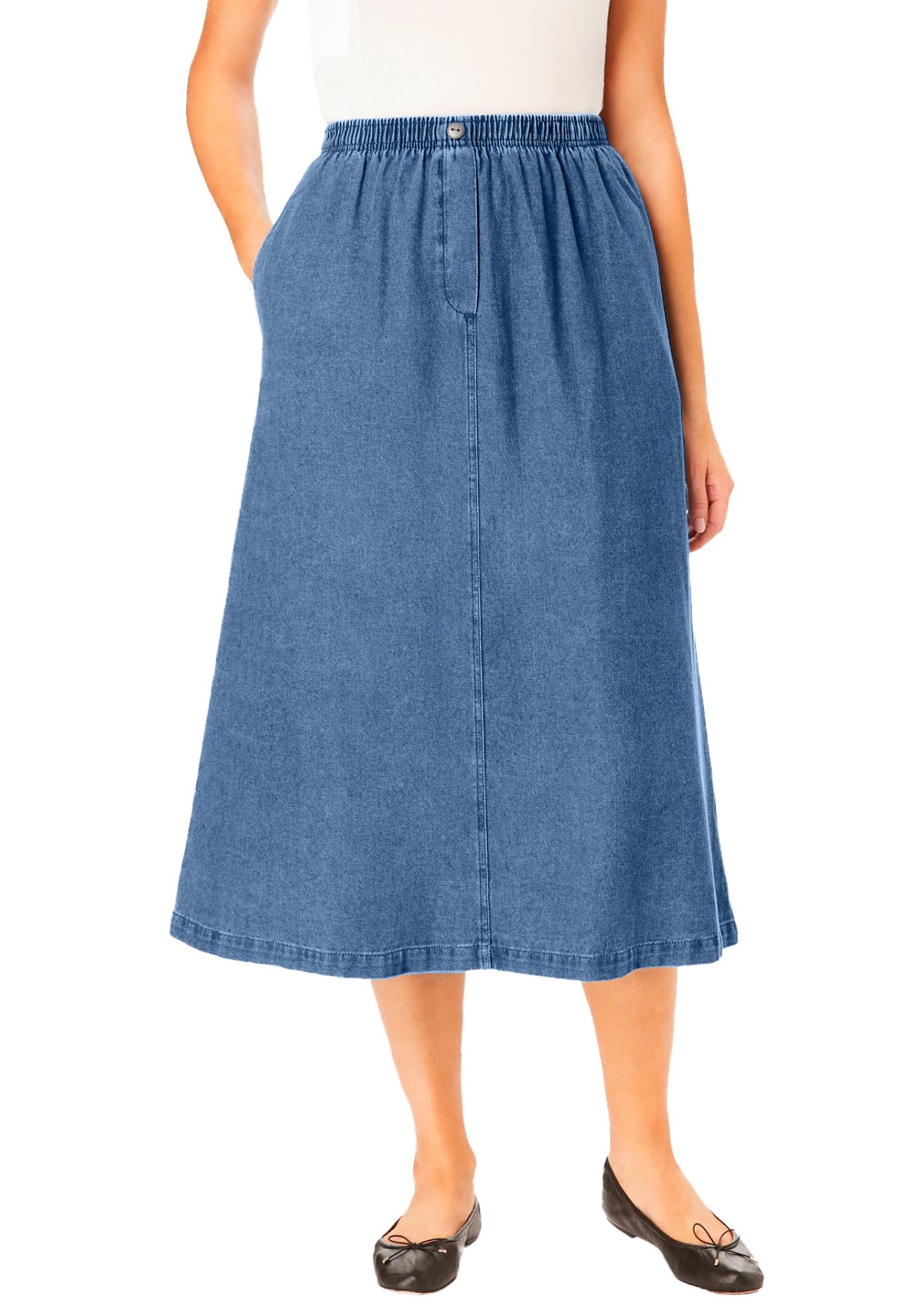 Woman Within Plus Size 7-Day Elastic-Waist All-Cotton Pull-On Denim Jeans Skirt